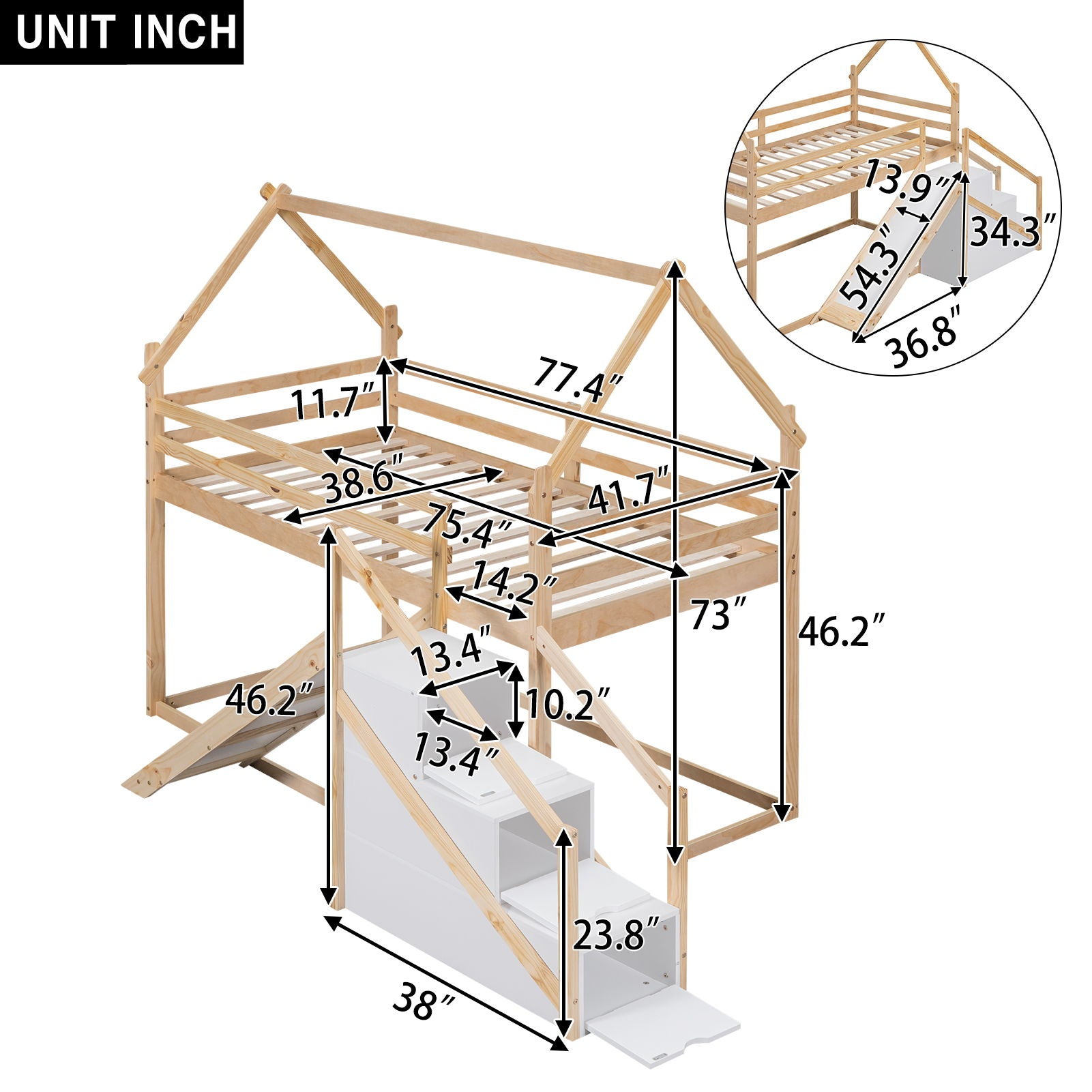 Twin Over Twin House Loft Or Bunk Bed With Slide And Staircase