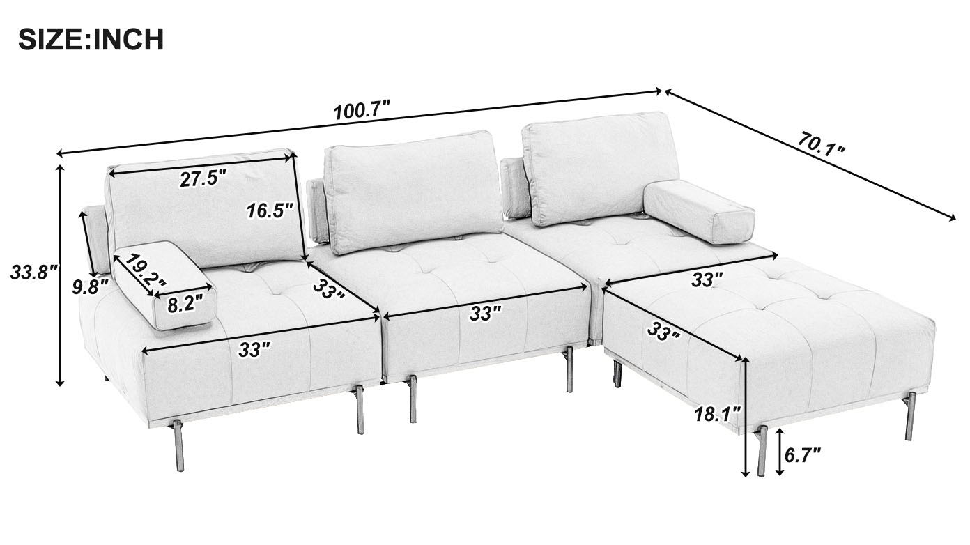 L-Shape Sectional Sofa 3 Seater Couches With A Removable Ottoman, Comfortable For Living Room