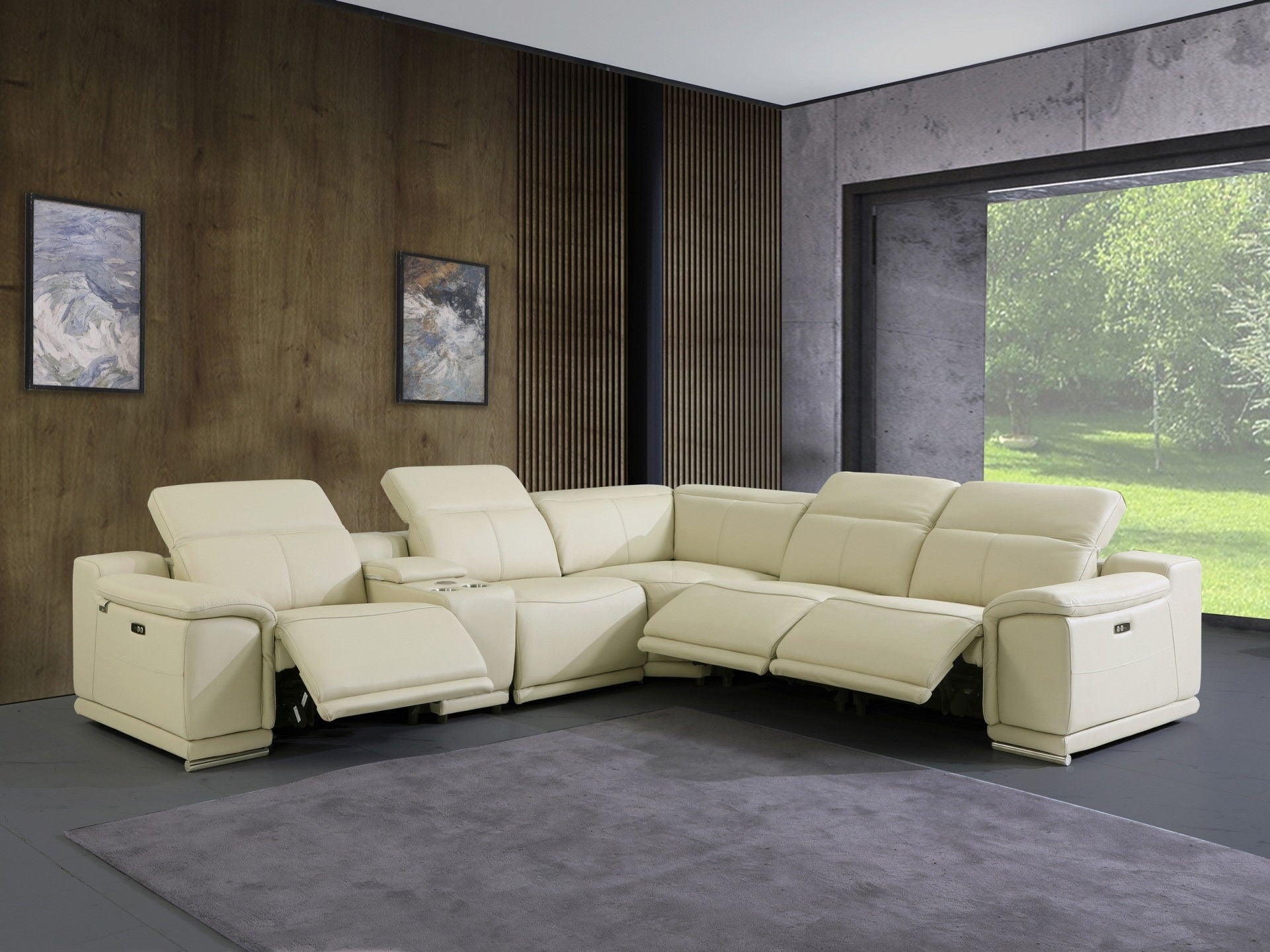 Italian Leather Power Reclining U Shaped Six Piece Corner Sectional With Console - Beige