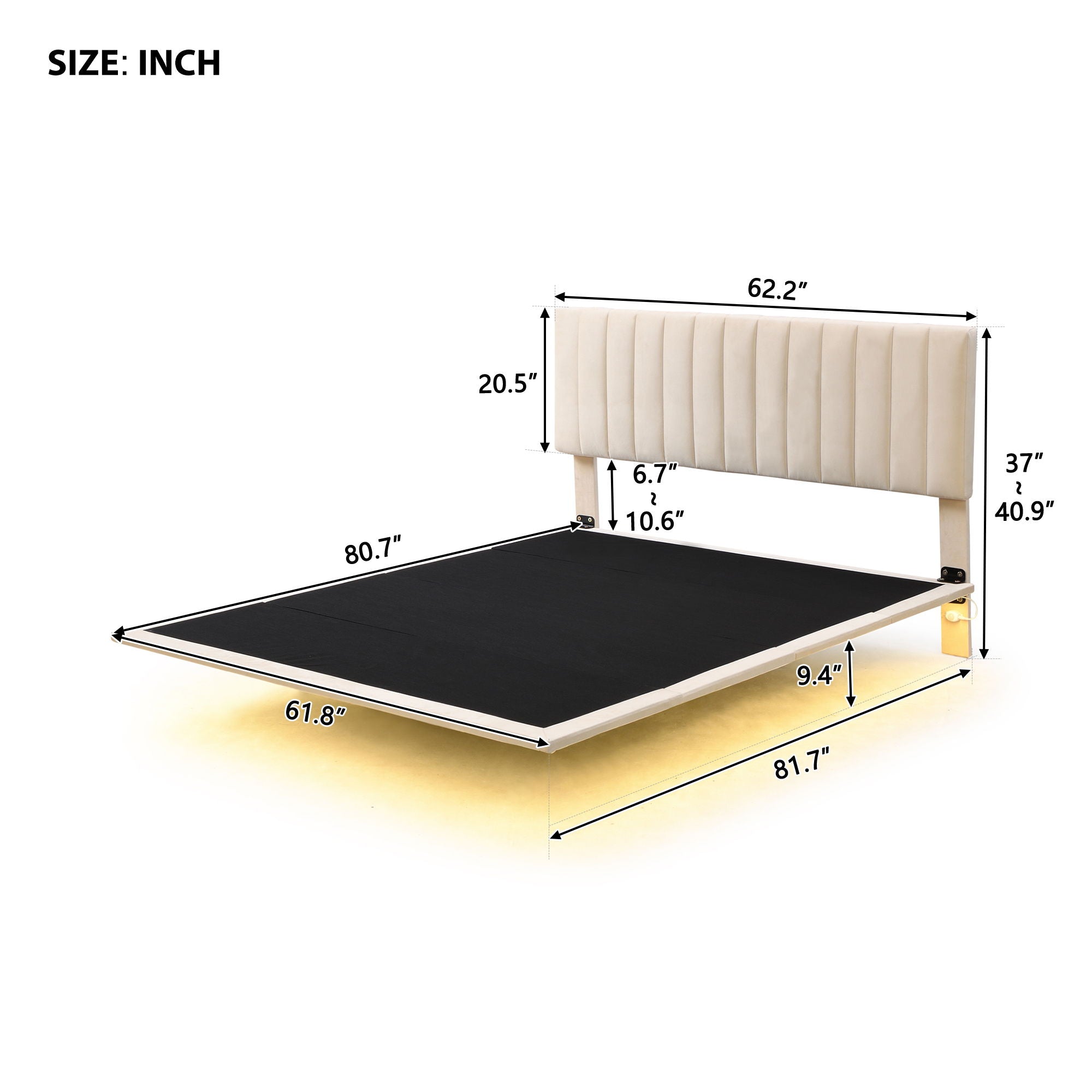 Upholstered Bed With Sensor Light And Headboard, Floating Velvet Platform Bed