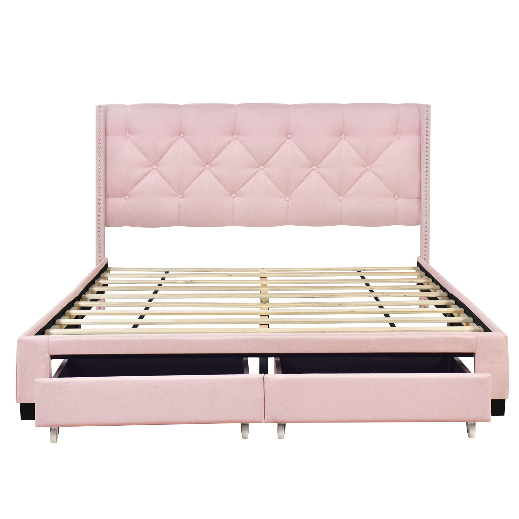 Queen Size Storage Bed Linen Upholstered Platform Bed With Two Drawers - Pink