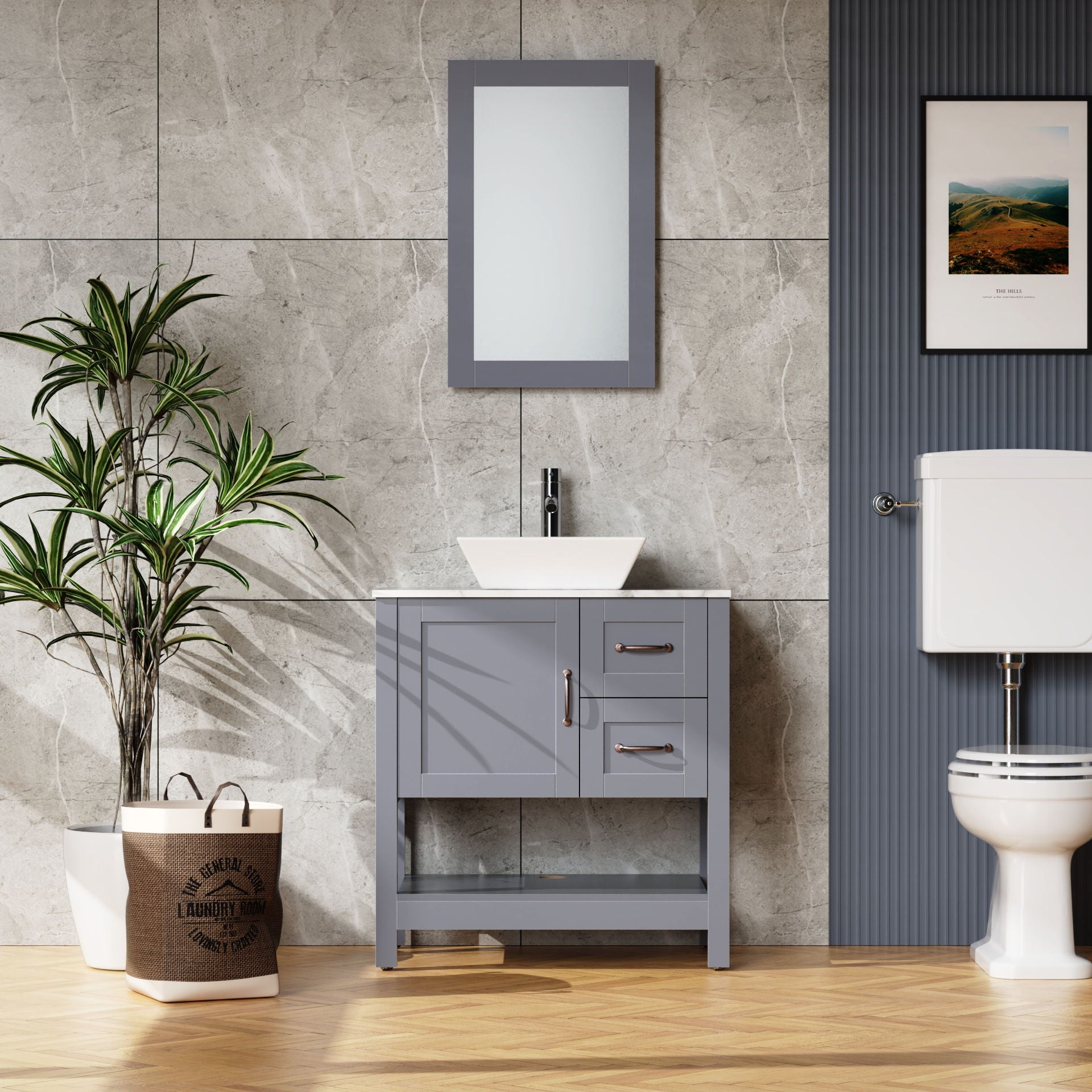 30" Gray Bathroom Vanity And Sink Combo Marble Pattern Top With Mirror Faucet & Drain - Gray