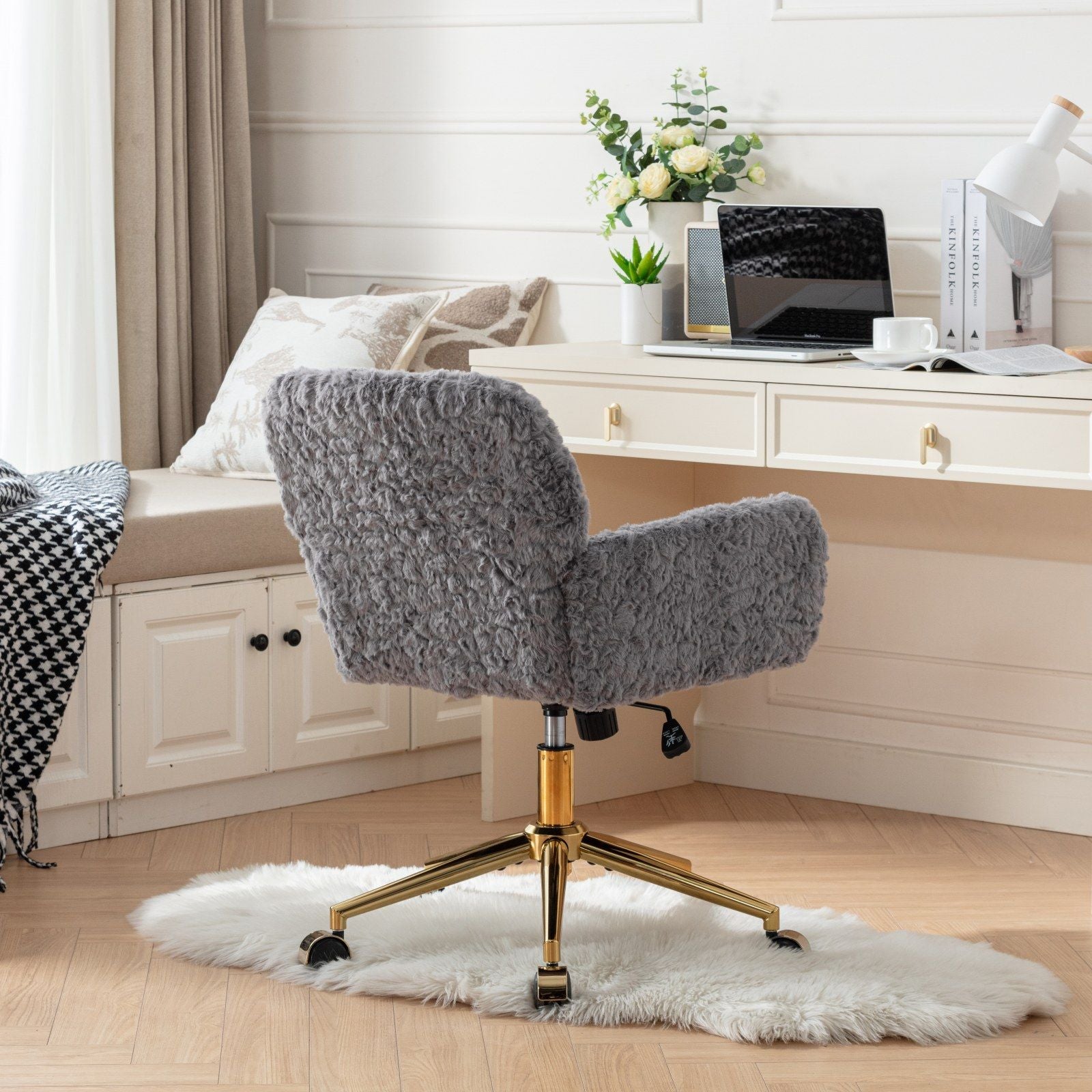 Office Chair, Artificial Rabbit Hair Home Office Chair With Golden Metal Base, Adjustable Desk Chair Swivel Office Chair, Vanity Chair