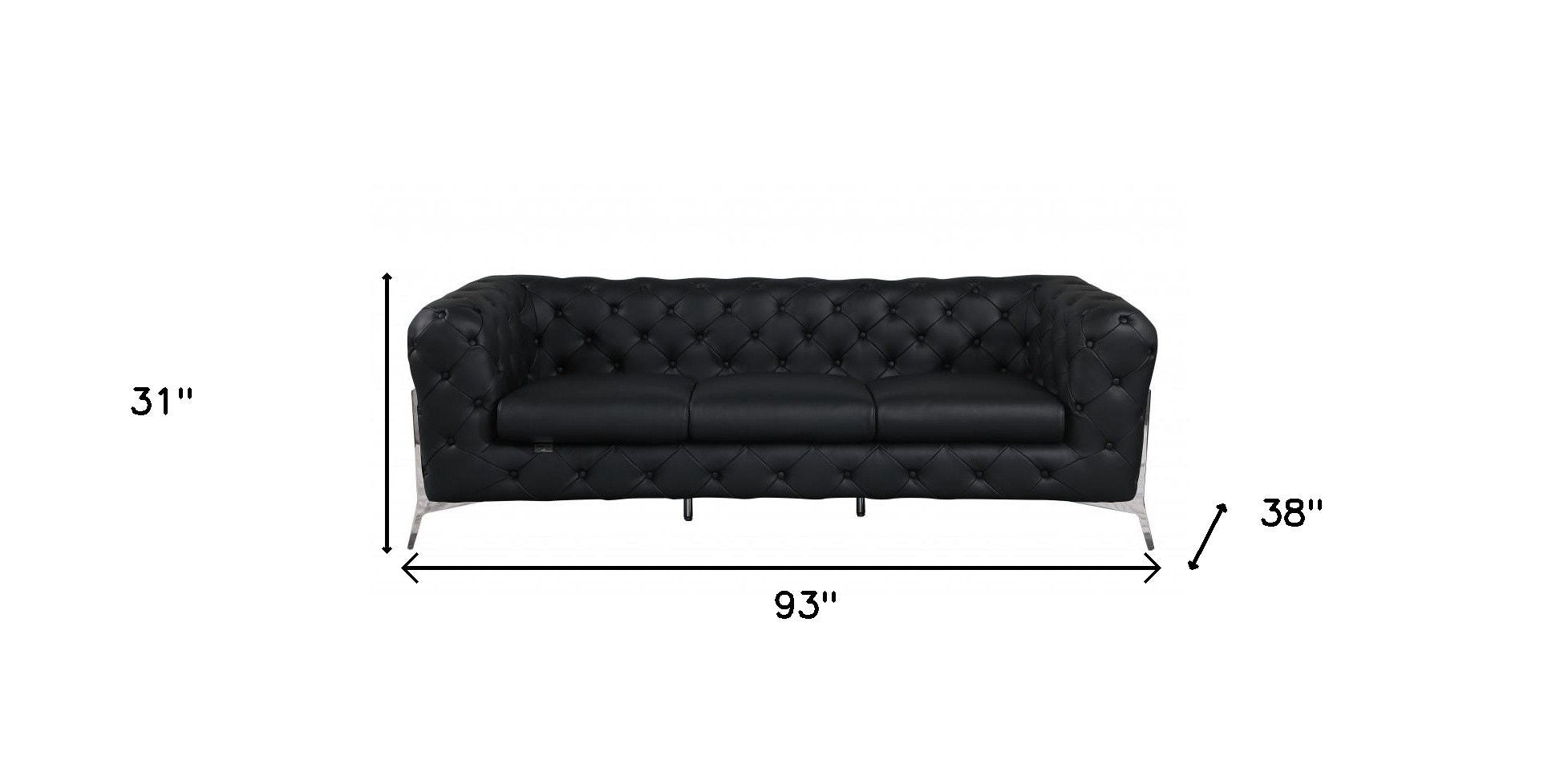 Italian Leather Sofa Silver Legs - Black