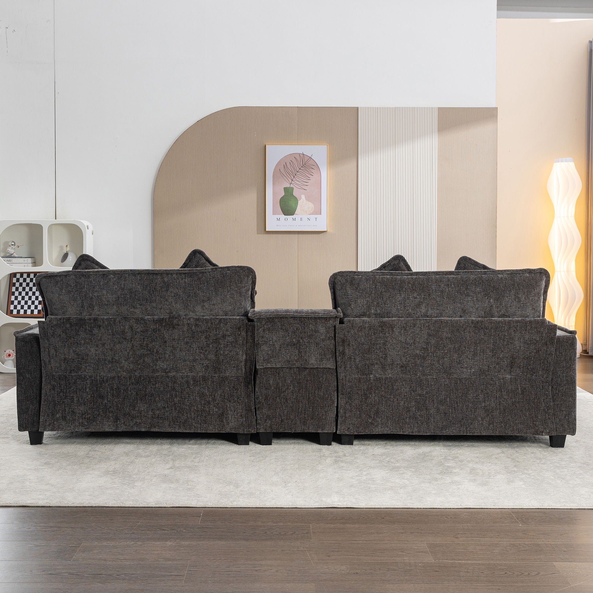 Sectional Sofa Chenille Upholstered Sofa With Two Removable Ottoman, Two USB Ports, Two Cup Holders And Large Storage Box For Living Room