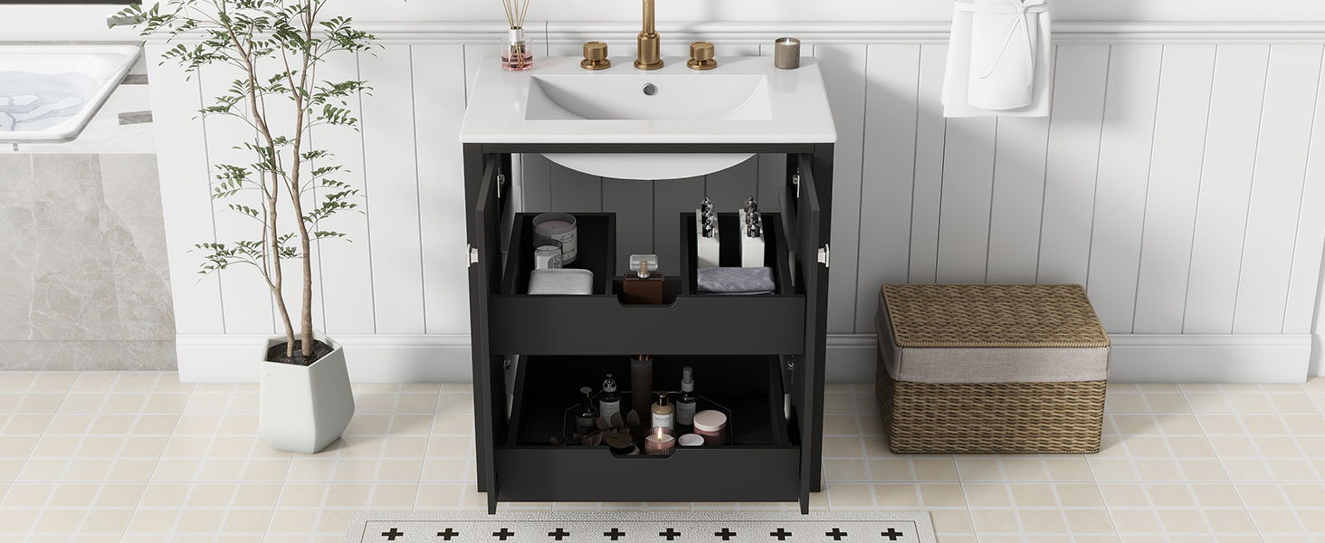 Freestanding Bathroom Vanity Combo With Ceramic Sink Shaker Style Vanities 2 Doors And 2 Drawers - Black