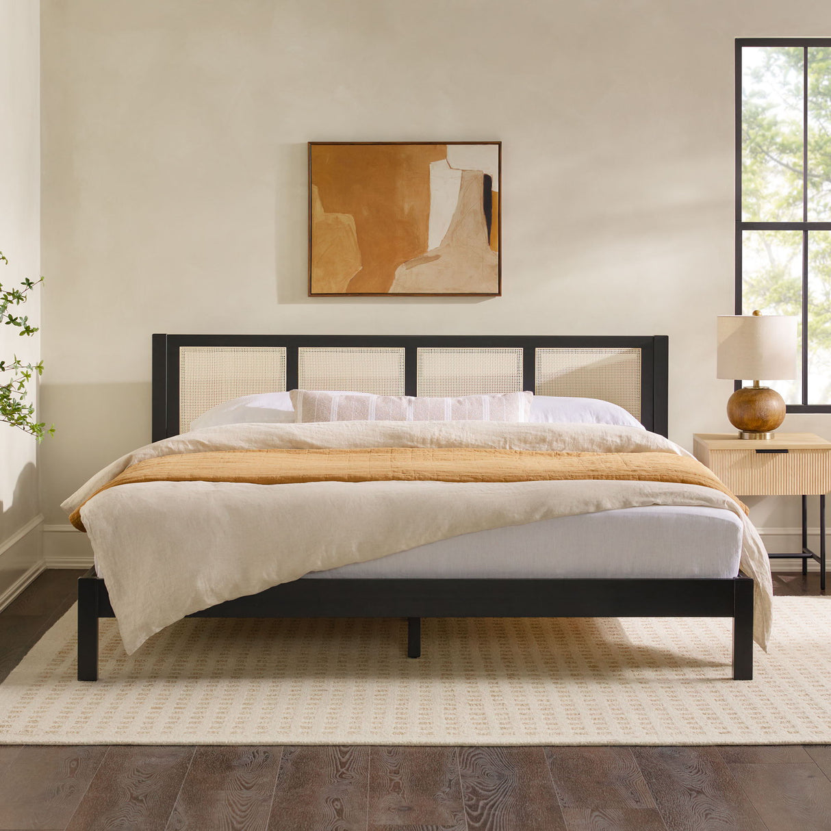 King Bed With Rattan Panel Headboard - Black by Walker Edison | Bel Furniture