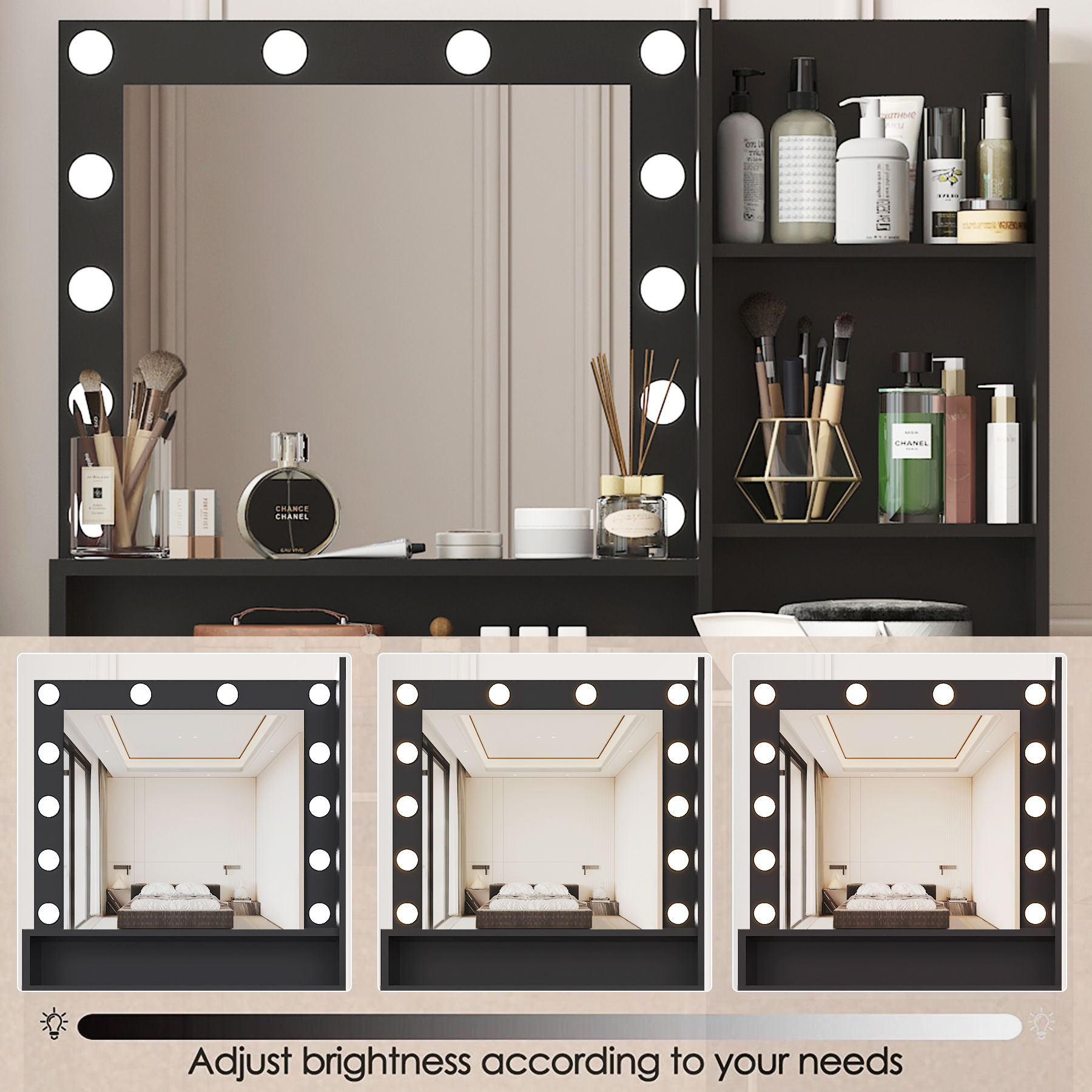 Vanity Desk With Mirror & Light, Large Drawer Three Level Storage Dresser, 3 Lighting Modes Adjustable Brightness, Bedroom Dressing Table