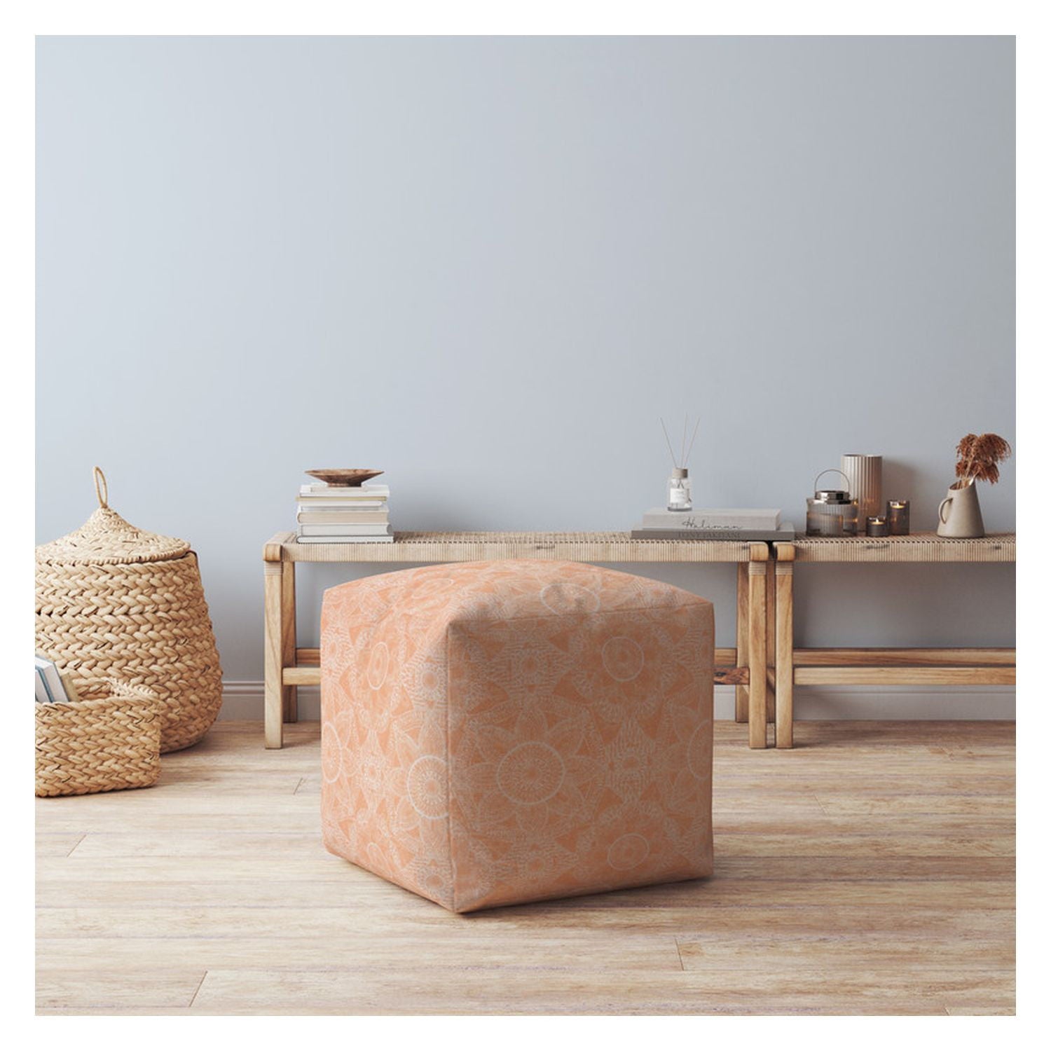 Cotton Floral Pouf Ottoman - Orange