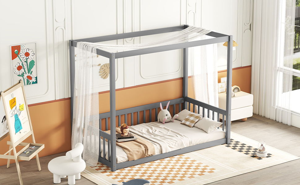 Canopy Frame Floor Bed With Fence, Guardrails