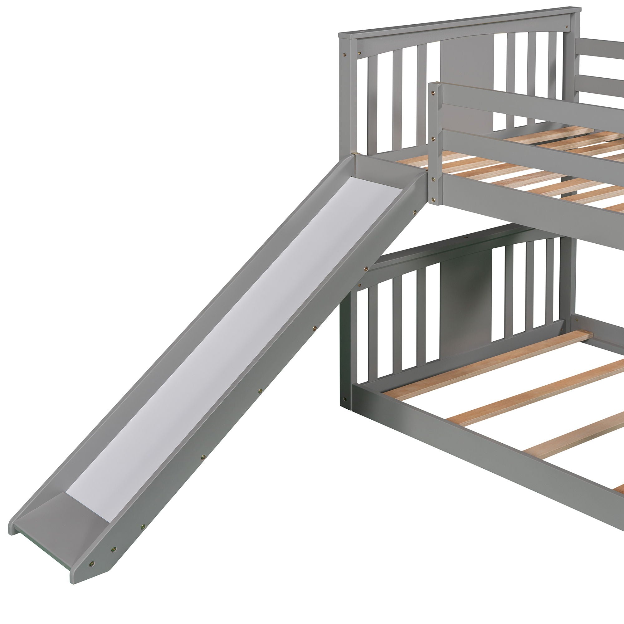 Twin Over Twin Bunk Bed With Slide And Ladder - Gray