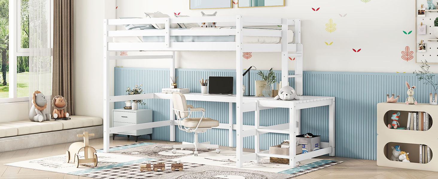 Loft Bed With Built-In Desk, Ladder Platform, Ladders, Guardrails