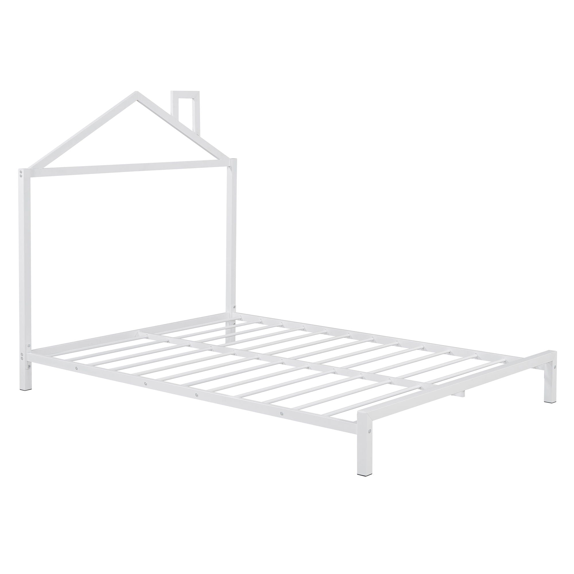 Full Size Metal Platform Bed With House-Shaped Headboard Design