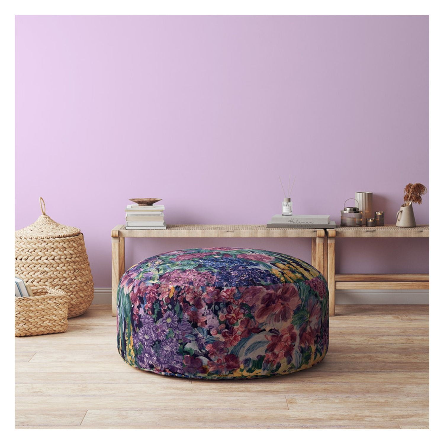 Cotton Round Floral Pouf Ottoman - Green