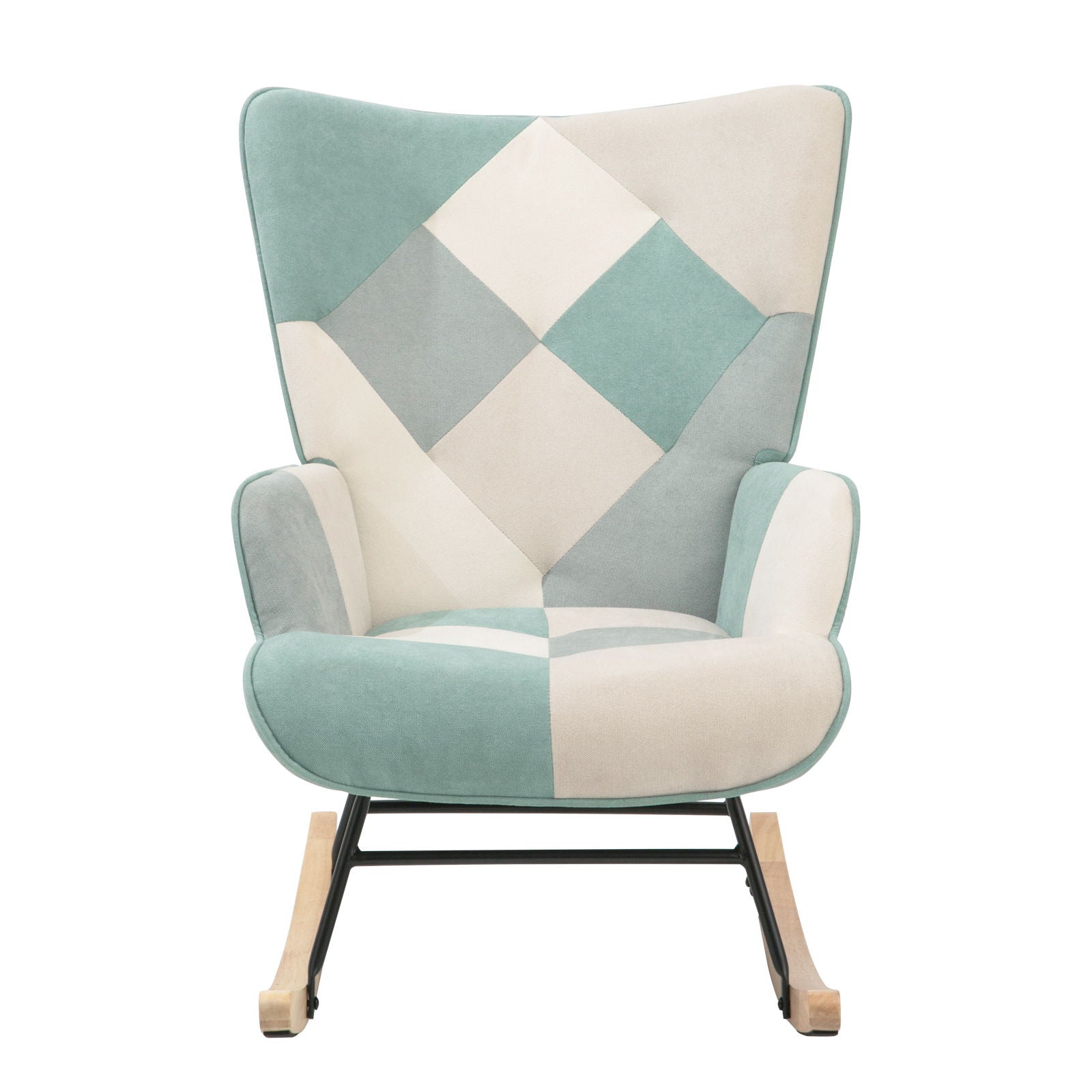 Accent Rocking Chair, Mid-Century Fabric Rocker Chair With Wood Legs And Patchwork Linen For Livingroom Bedroom