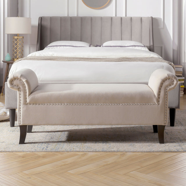 Kathy - Roll Arm Entryway Accent Bench - Sky Neutral Beige by Jennifer Taylor Home | Bel Furniture