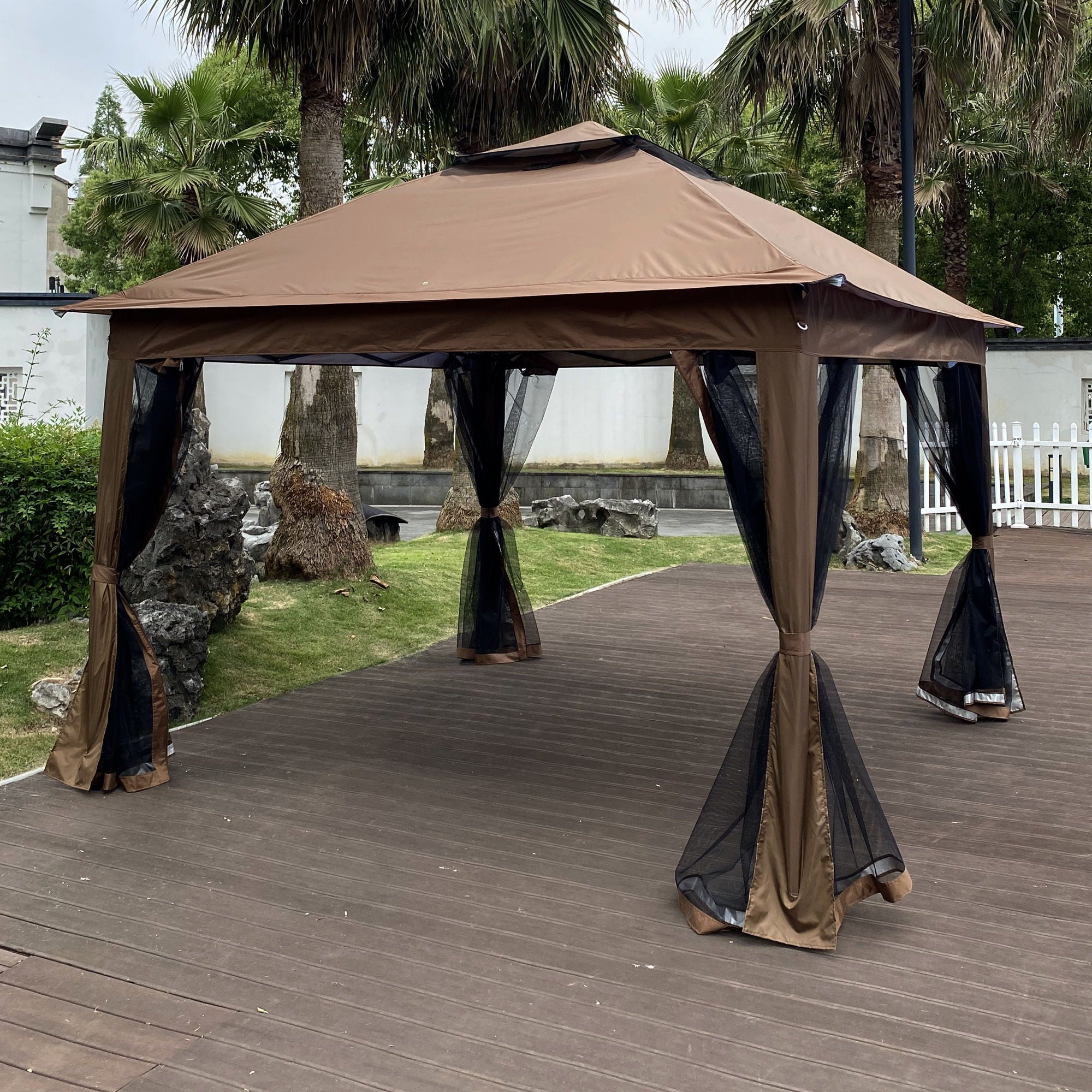 Outdoor 11X 11Ft Pop Up Gazebo Canopy With Removable Zipper Netting, 2 Tier Soft Top Event Tent, Suitable For Patio Backyard Garden Camping Area With 4 Sandbags - Brown