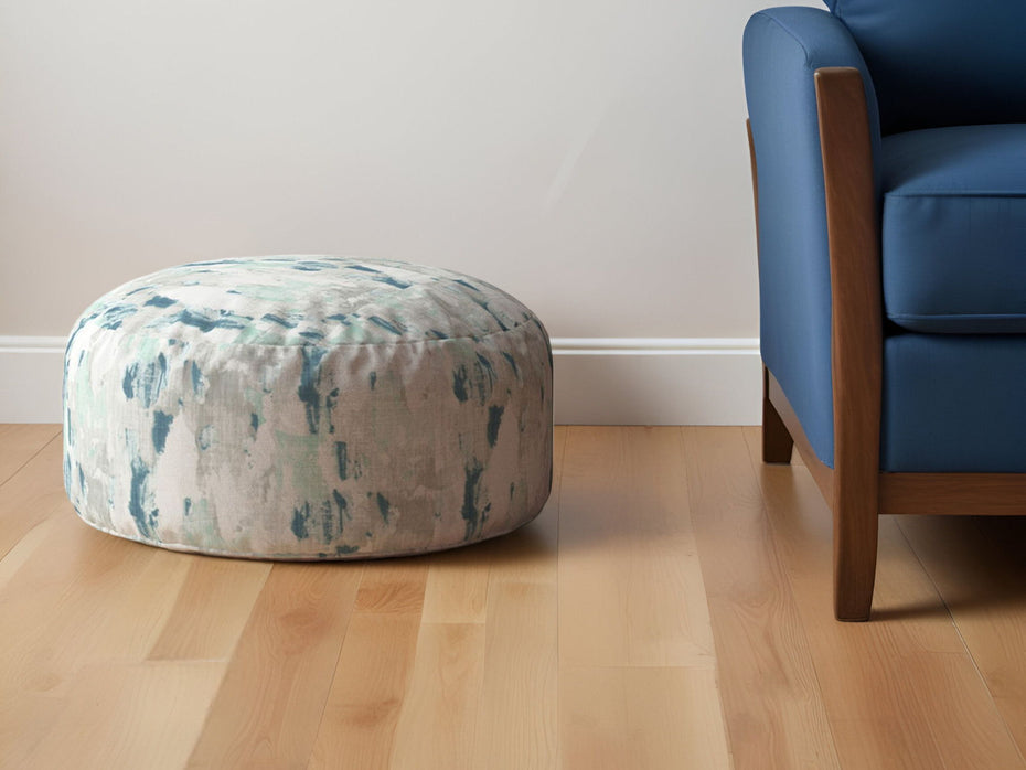 Canvas, Round Abstract Pouf Ottoman - Blue / White