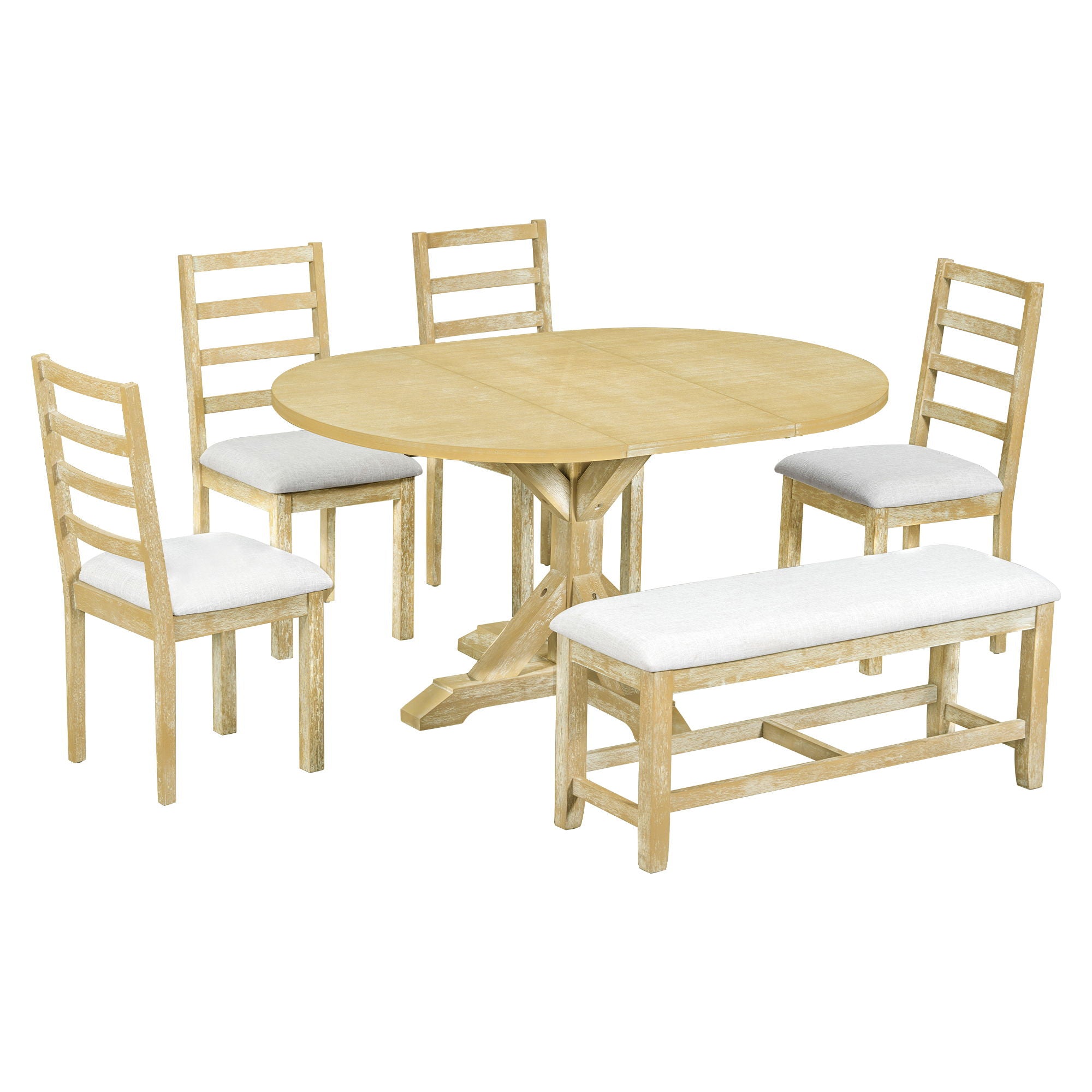 Topmax - 6 Piece Farmhouse Extendable Pedestal Dining Table Set With 18Inch Removable Leaf, Bench And 4 Ladder Back Dining Chairs