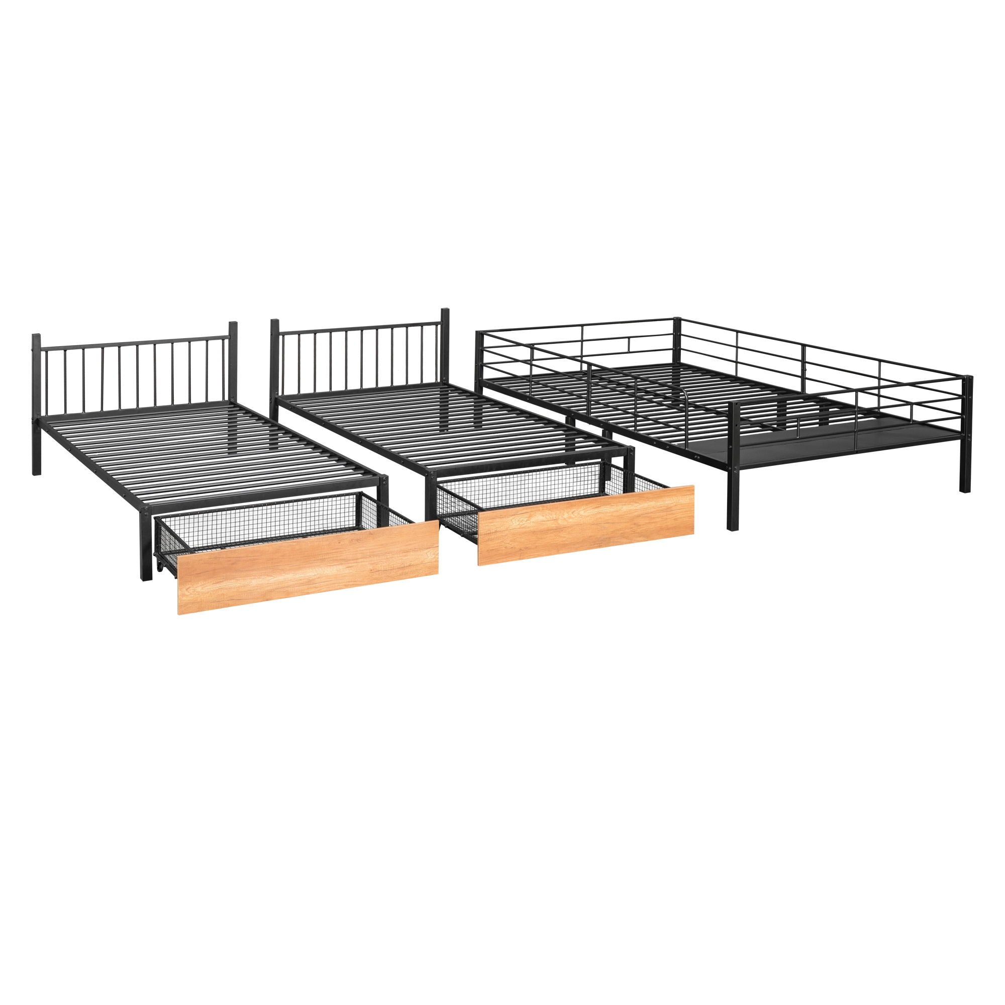 Bunk Bed, Metal Triple Bunk Bed With Drawers And Guardrails