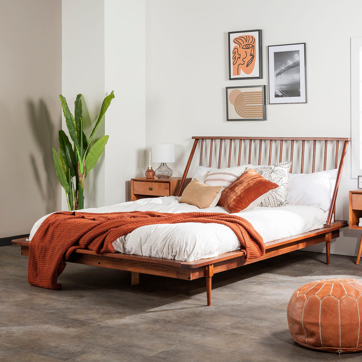 Mid-Century Modern Solid Wood Platform Bed Frame With Spindle Headboard by Walker Edison | Bel Furniture