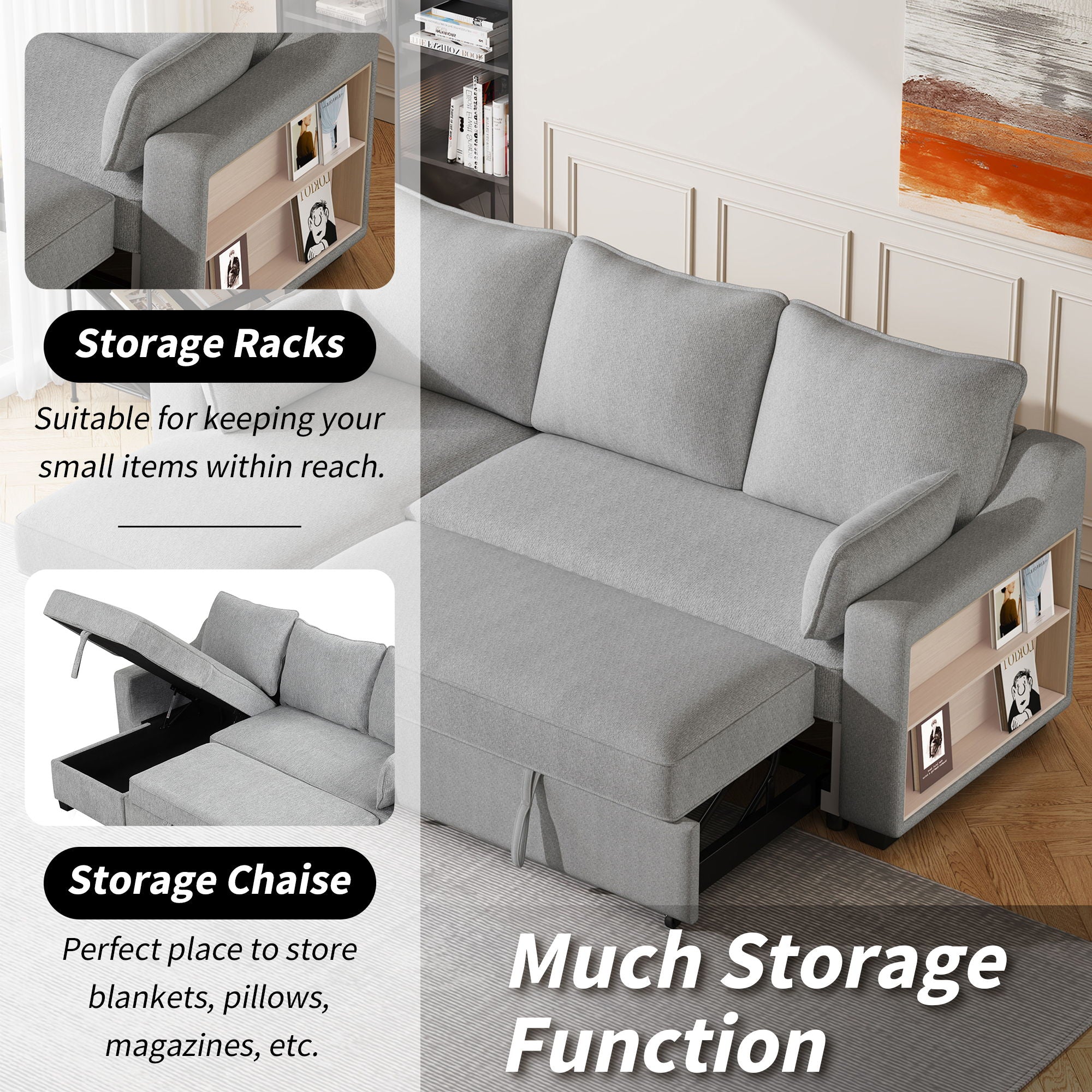 Pull Out Sleeper Sofa L-Shaped Couch Convertible Sofa Bed With Storage Chaise, Storage Racks And USB Ports