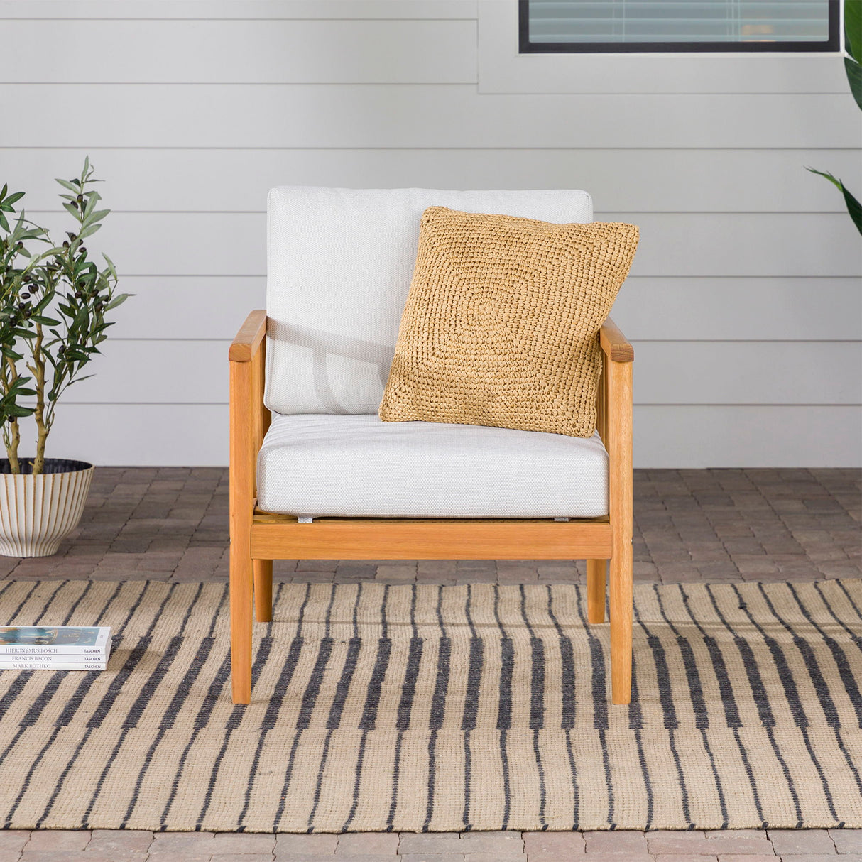 Contemporary Cushioned Eucalyptus Wood Patio Accent Chair by Walker Edison | Bel Furniture