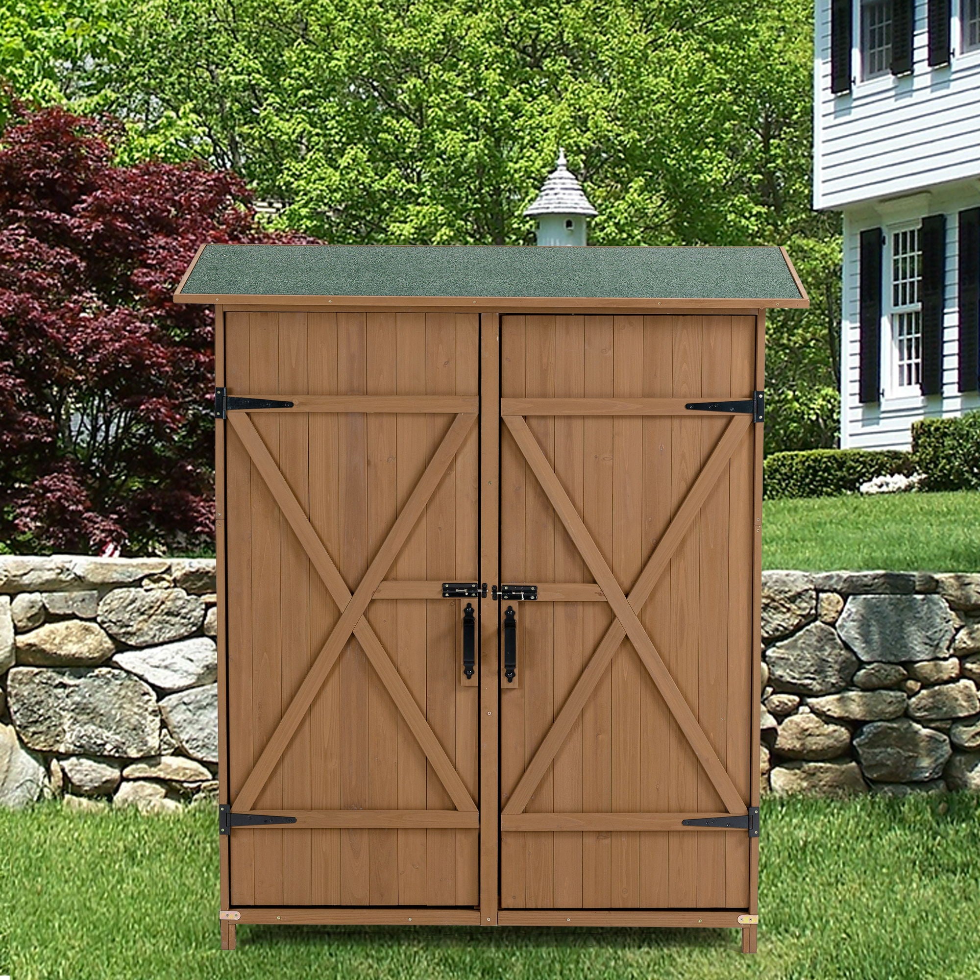 Outdoor Storage Shed With Lockable Door, Wooden Tool Storage Shed With Detachable Shelves & Pitch Roof