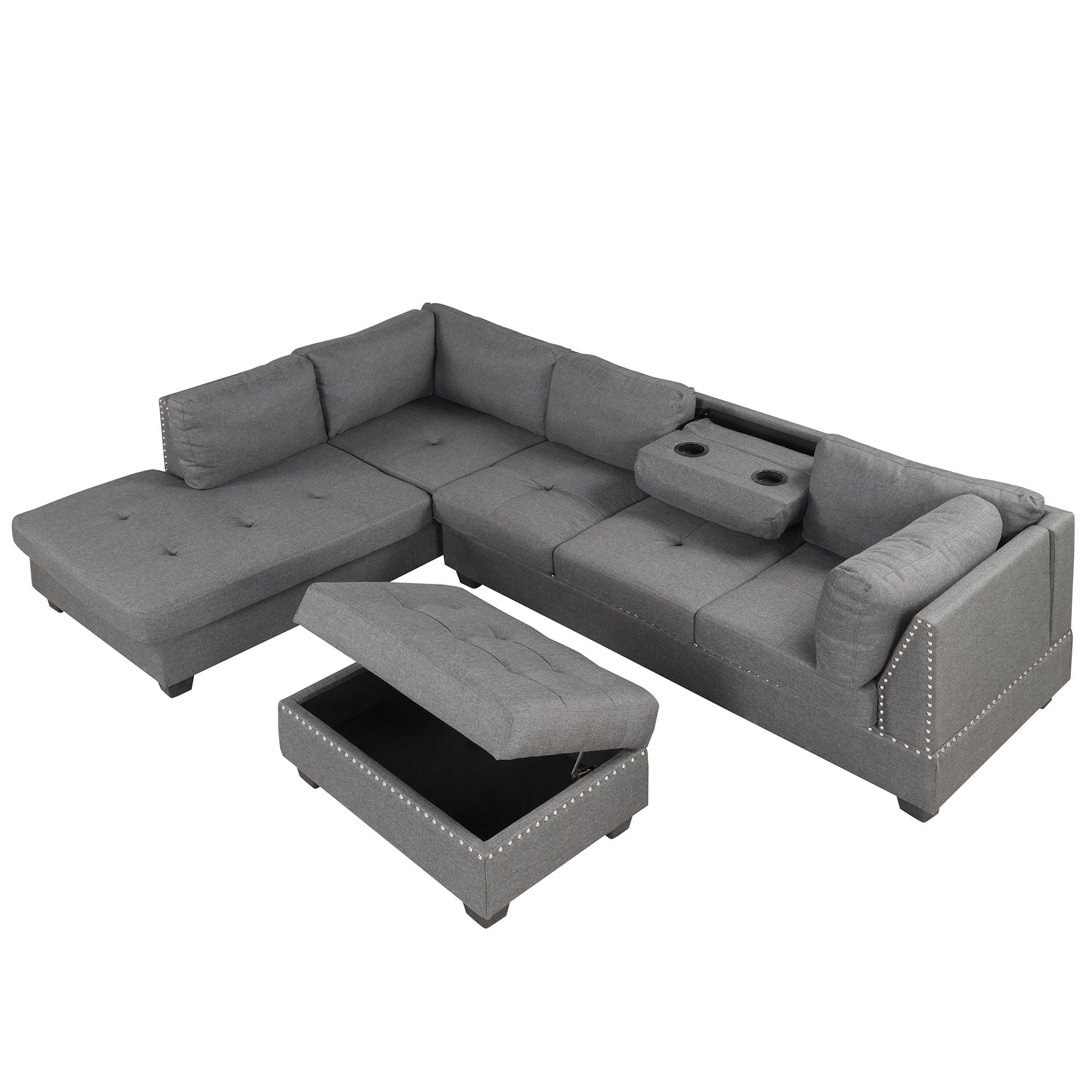 Reversible Sectional Sofa Space Saving With Storage Ottoman Rivet Ornament L-Shape Couch For Small Or Large Space Dorm Apartment