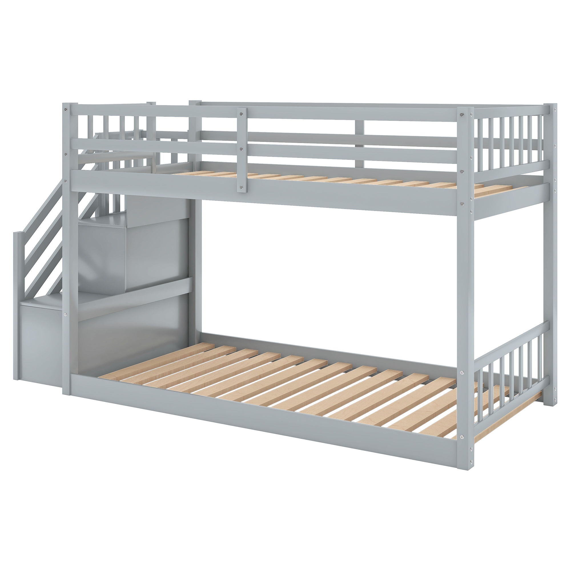 Twin Over Twin Floor Bunk Bed, Ladder With Storage