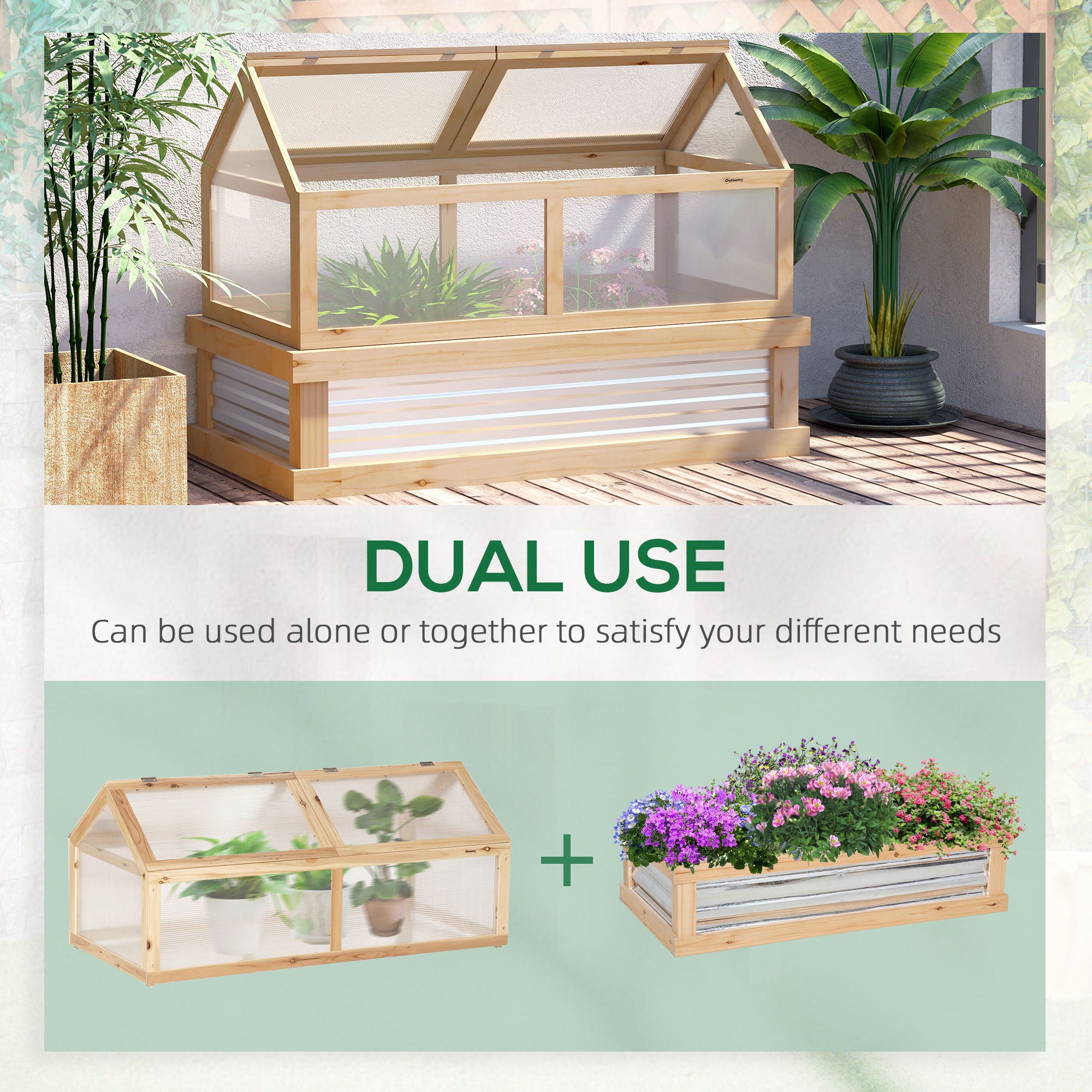 Outsunny - Raised Garden Bed With Polycarbonate Greenhouse, Wooden Garden Cold Frame Greenhouse, Flower Planter Protection, 48" x 24" x 32" - Natural