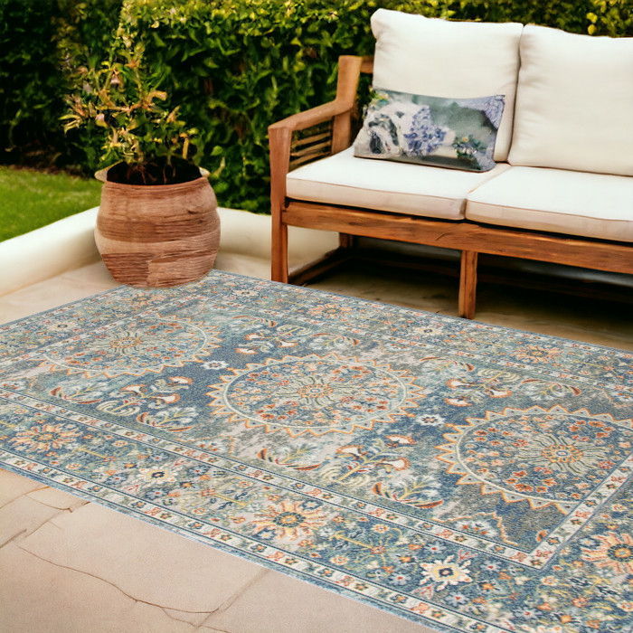 8' X 10' Floral Medallion Stain Resistant Indoor / Outdoor Area Rug - Blue / Orange