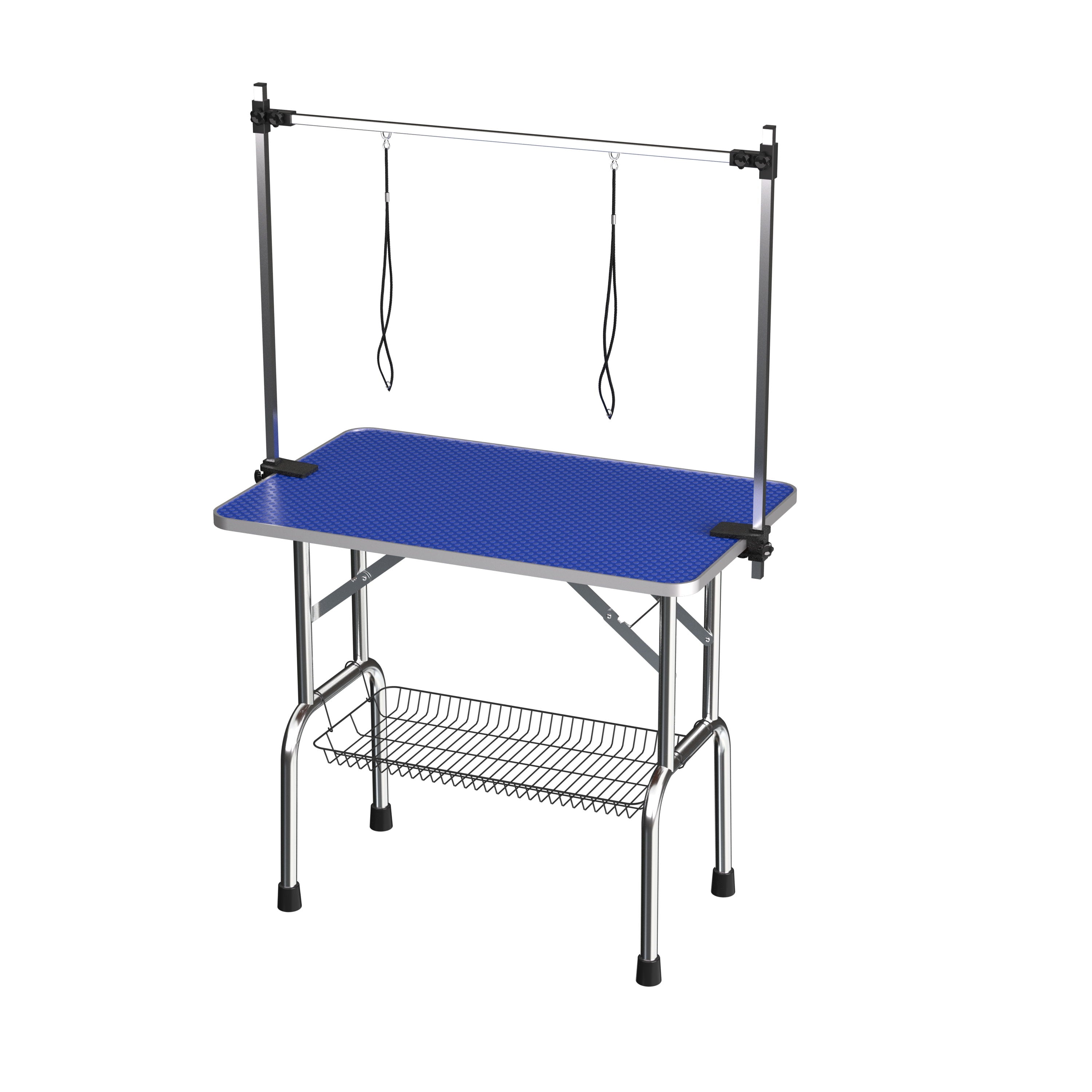 Folding Dog Pet Grooming Table Stainless Steel Frame Rubber Mat On Board With Adjustable Arm And Clamps Pet Dog Cat Grooming Table