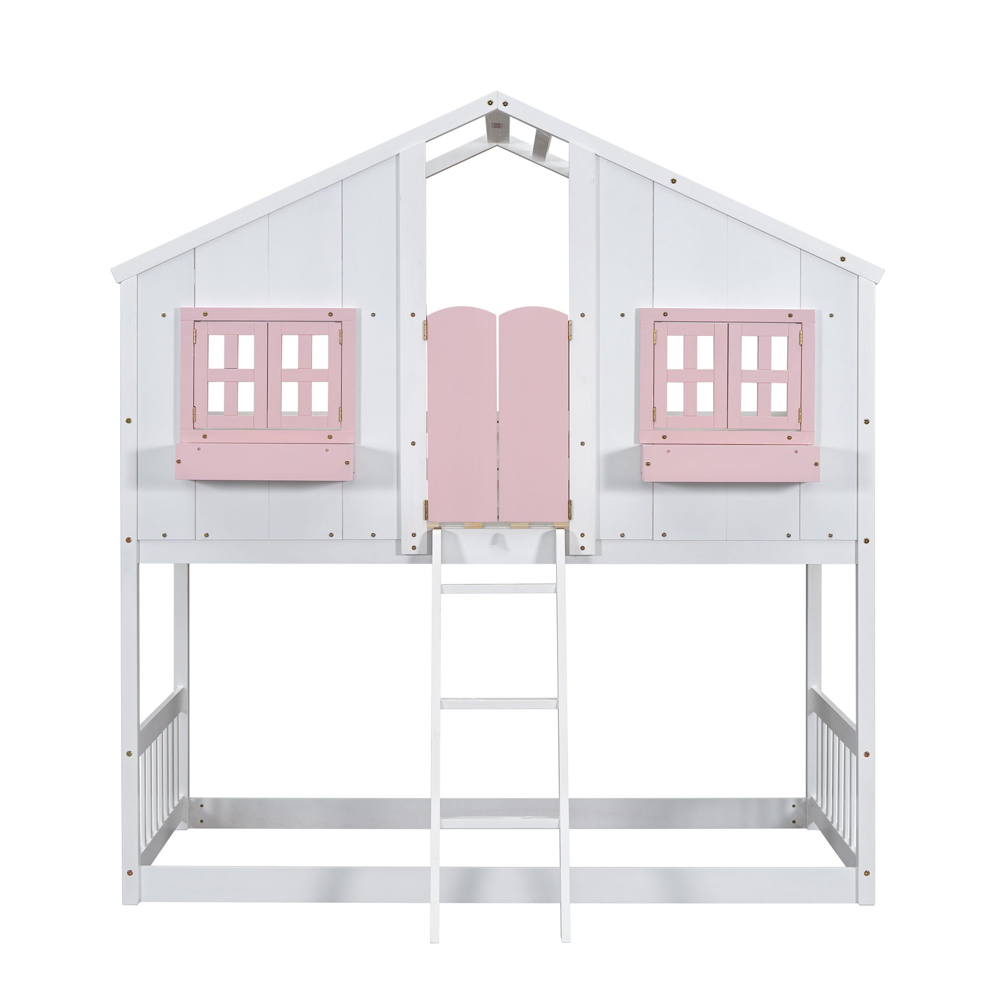 House Bunk Bed With Roof, Window, Window Box, Door, With Safety Guardrails And Ladder