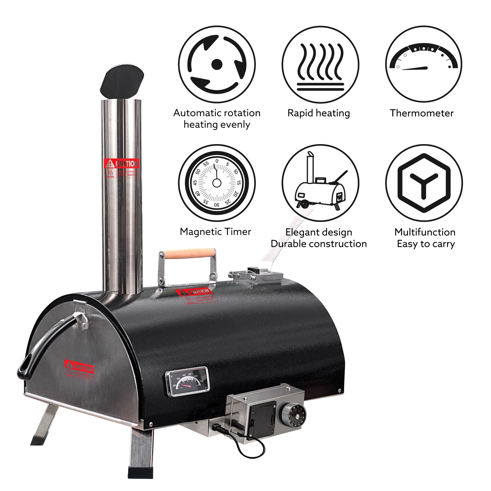 Pizza Oven Outdoor 12" Automatic Rotatable Pizza Ovens Portable Stainless Steel Wood Fired Pizza Oven Pizza Maker With Built-In Thermometer Pizza Cutter Carry Bag