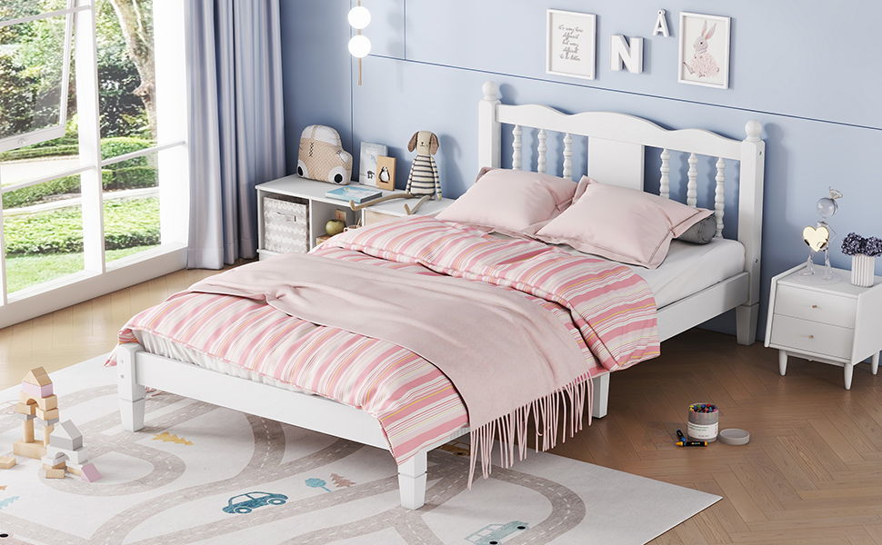 Bed With Column Decoration Headboard, With Bed Slats