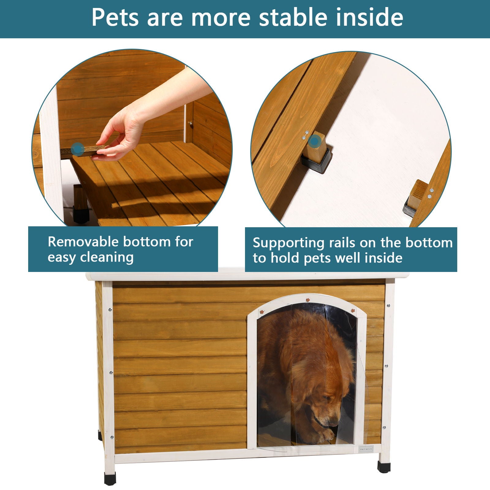 Large Wooden Outdoor Dog House, Waterproof Roof, Elevated Floor, Adjustable Plastic Feet - Yellow