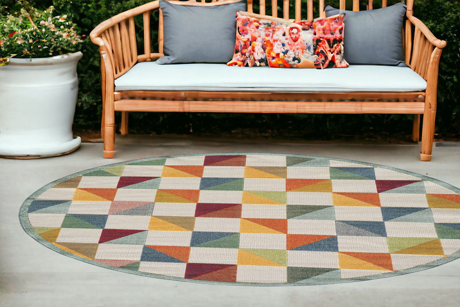 8' Round Round Geometric Stain Resistant Indoor / Outdoor Area Rug - Orange / Ivory