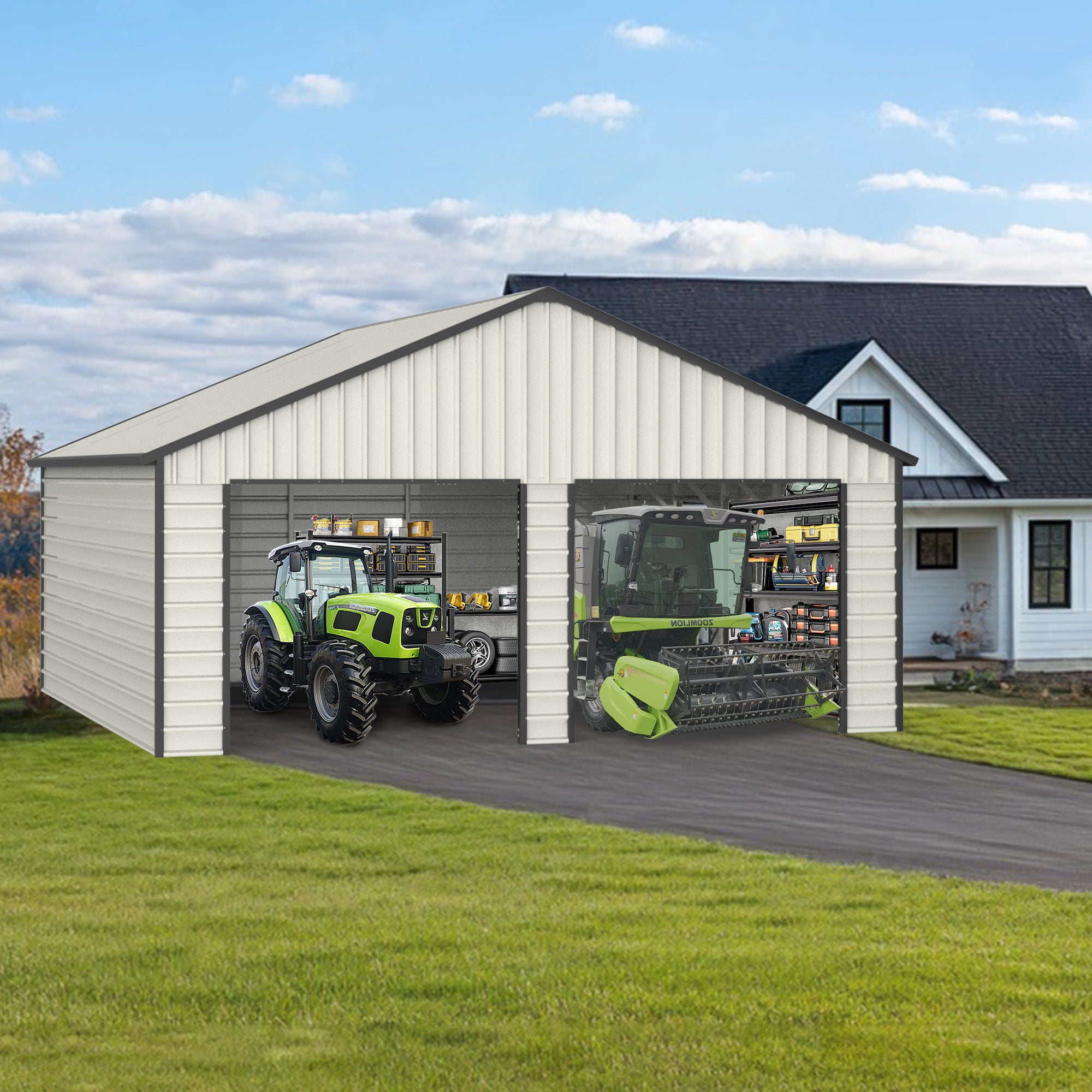 Double Garage Metal Shed With Side Entry Door - White