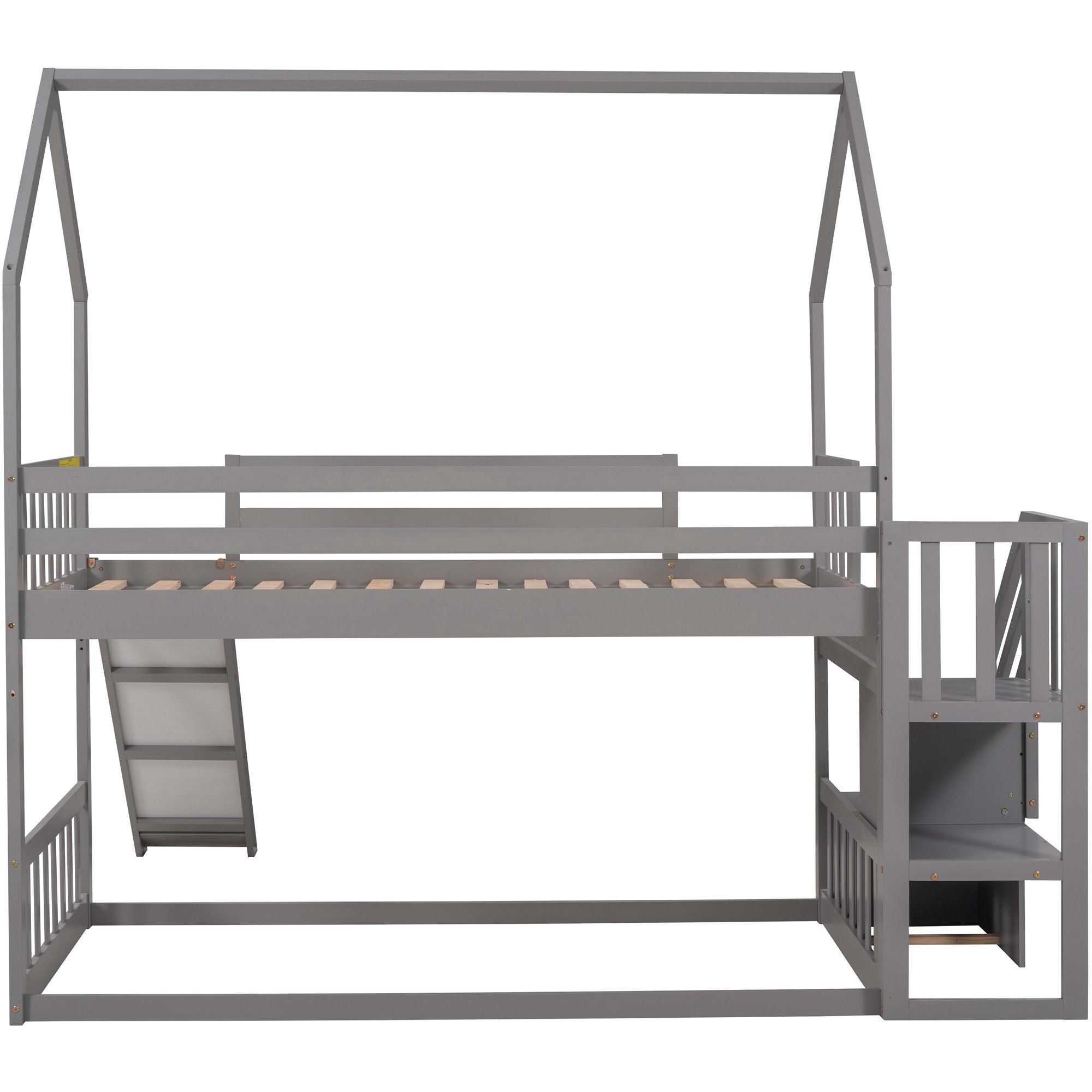 Twin Over Twin House Bunk Bed With Convertible Slide, Storage Staircase