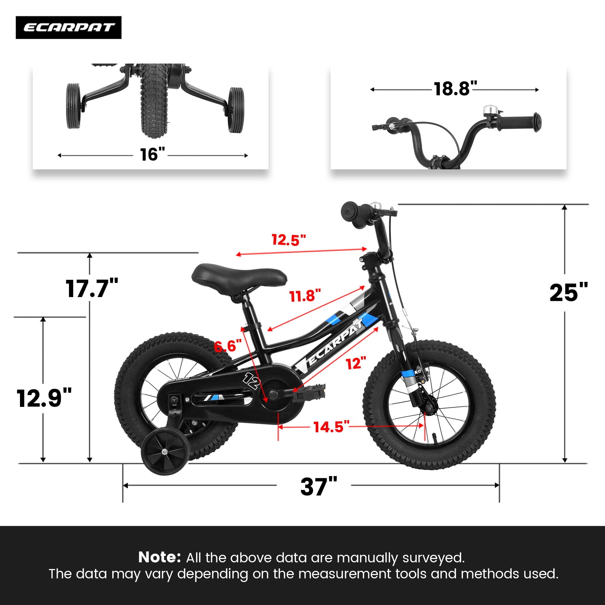 A12117 Kids' Bike 12" Wheels, 1 Speed Boys Girls Child Bicycles For 2 - 3 Years, With Removable Training Wheels Baby Toys, Front V Brake, Rear Holding Brake