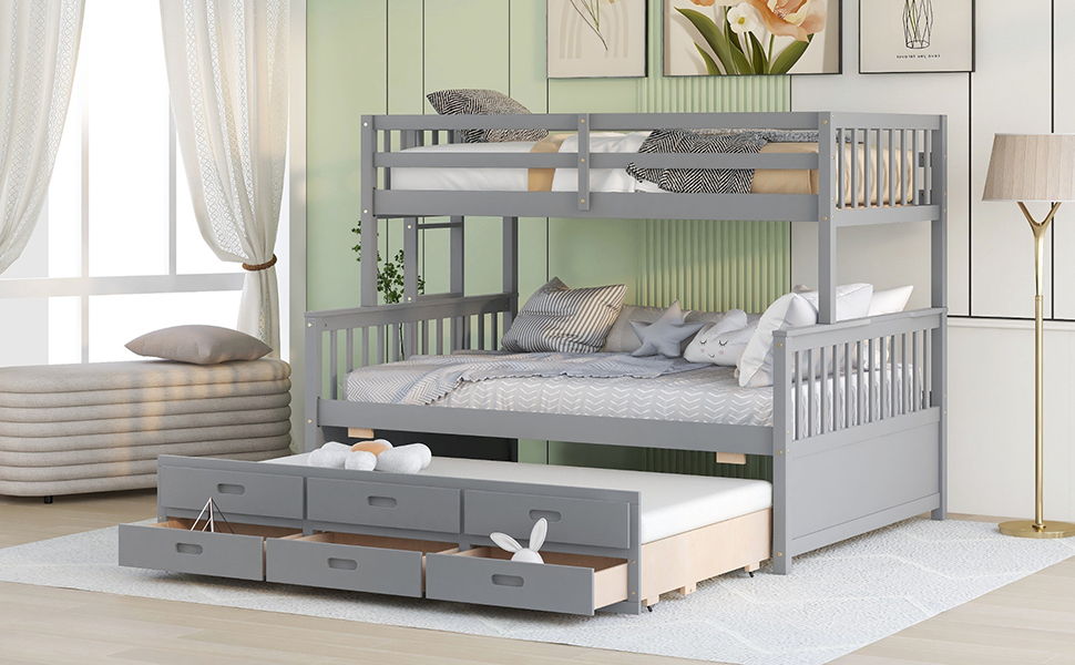 Twin Over Full Bunk Bed With Twin Size Trundle, Separable Bunk Bed With Drawers For Bedroom