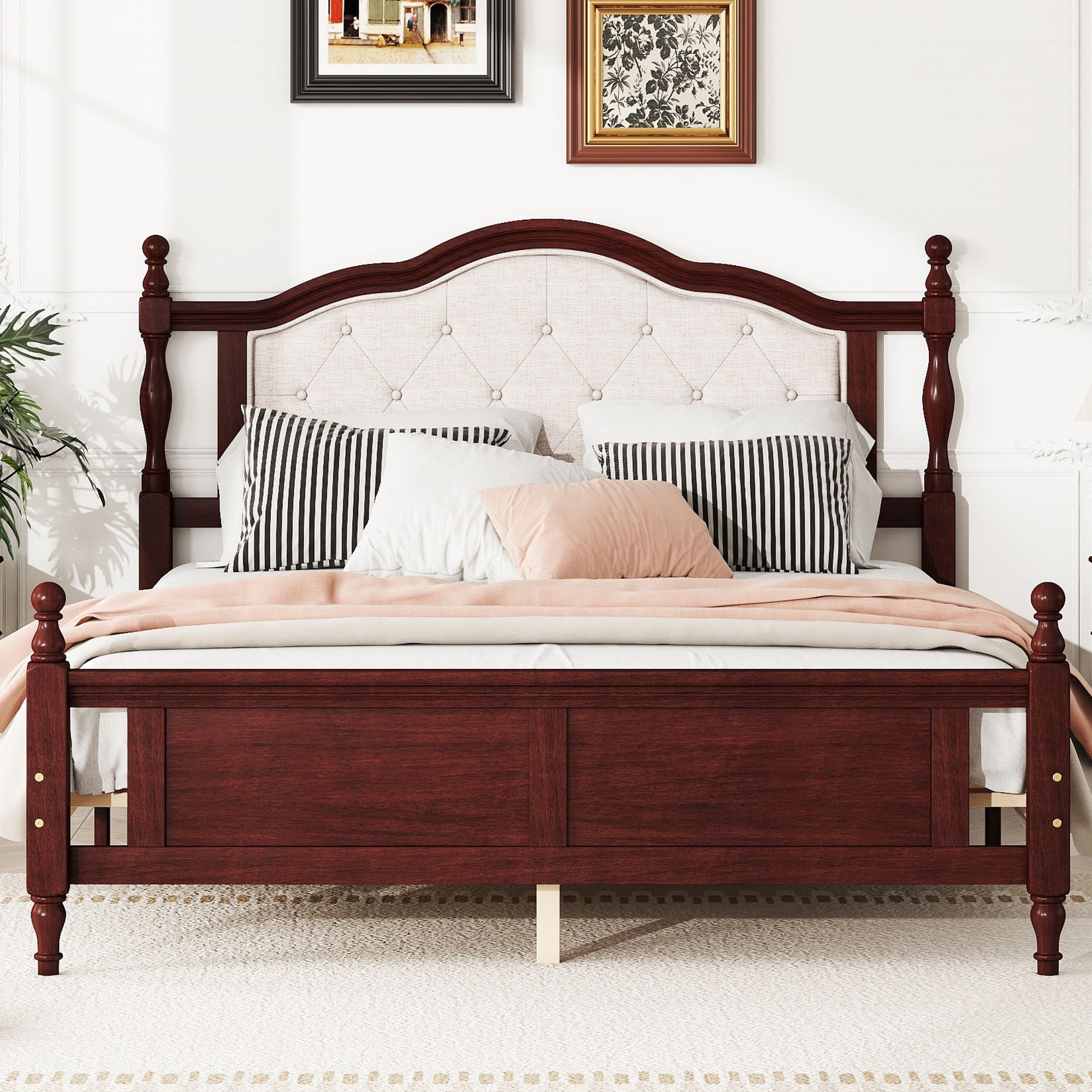 Pine Wooden Bed With Upholstered Headboard And Panel Footboard, With Two Bed Rail Support Feet And Central Platform Support Feet