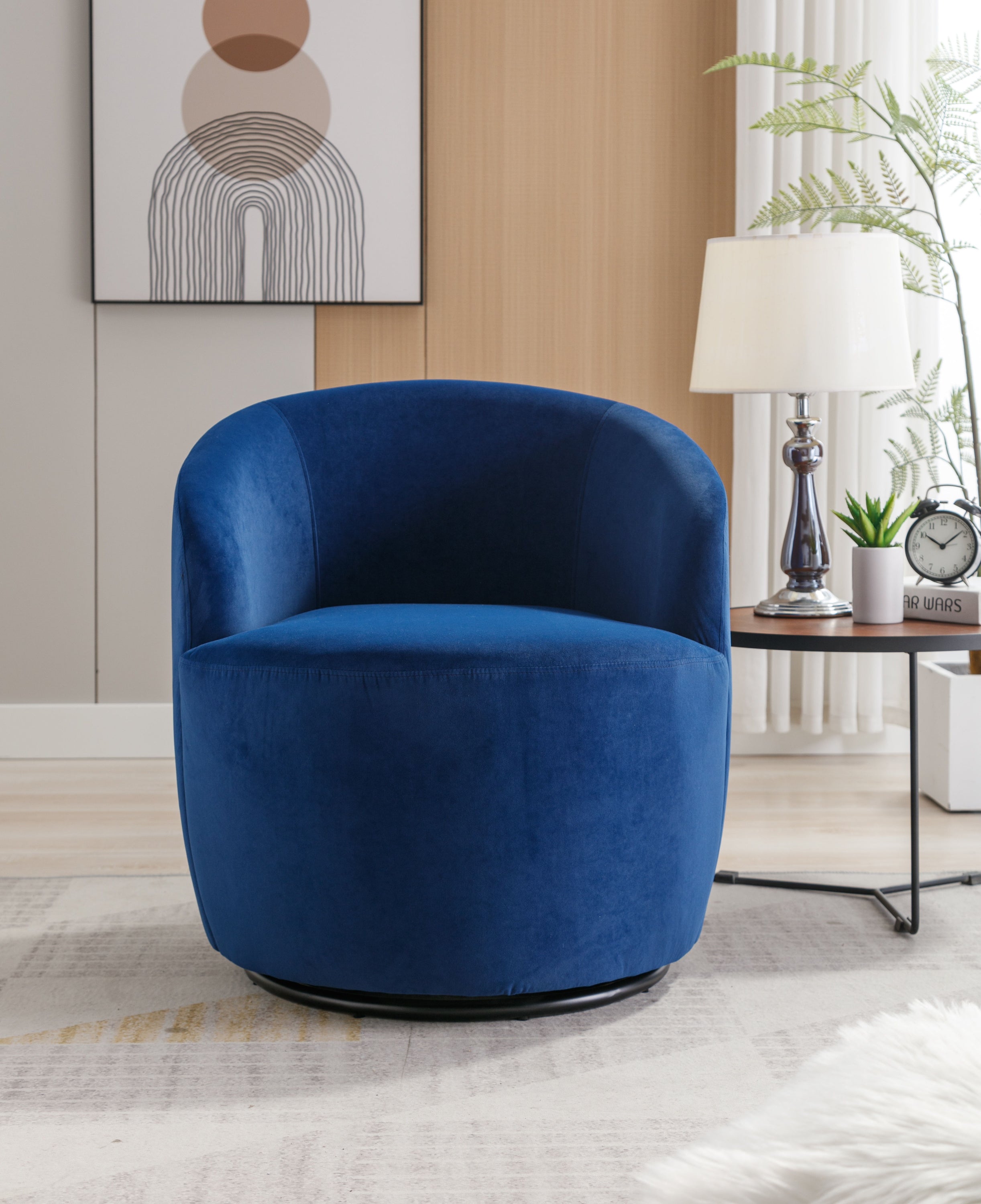 Velvet Fabric Swivel Accent Armchair Barrel Chair With Powder Coating Metal Ring