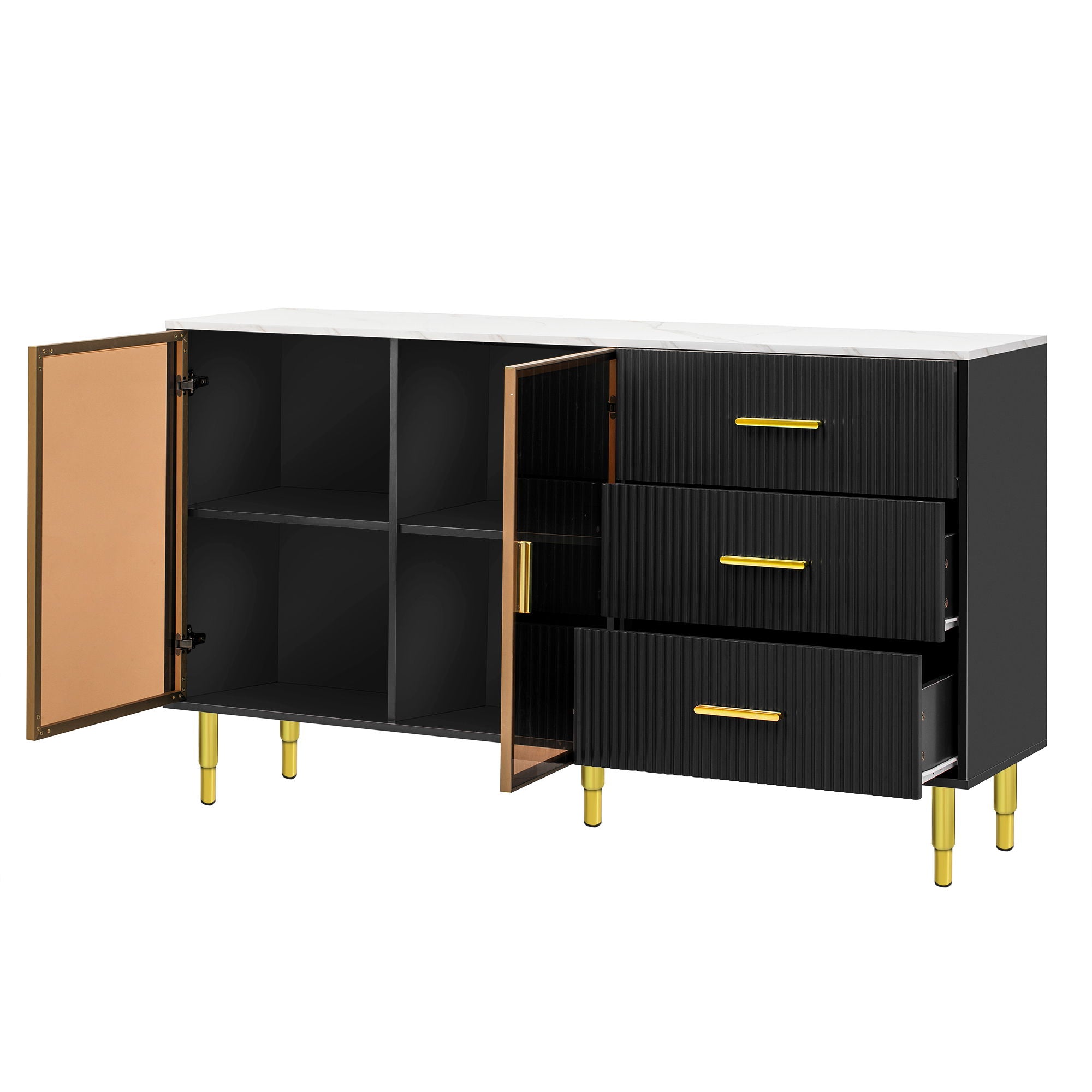 Modern Sideboard Buffet Cabinet Marble Sticker Tabletop And Amber-Yellow Tempered Glass Doors With Gold Metal Legs & Handles