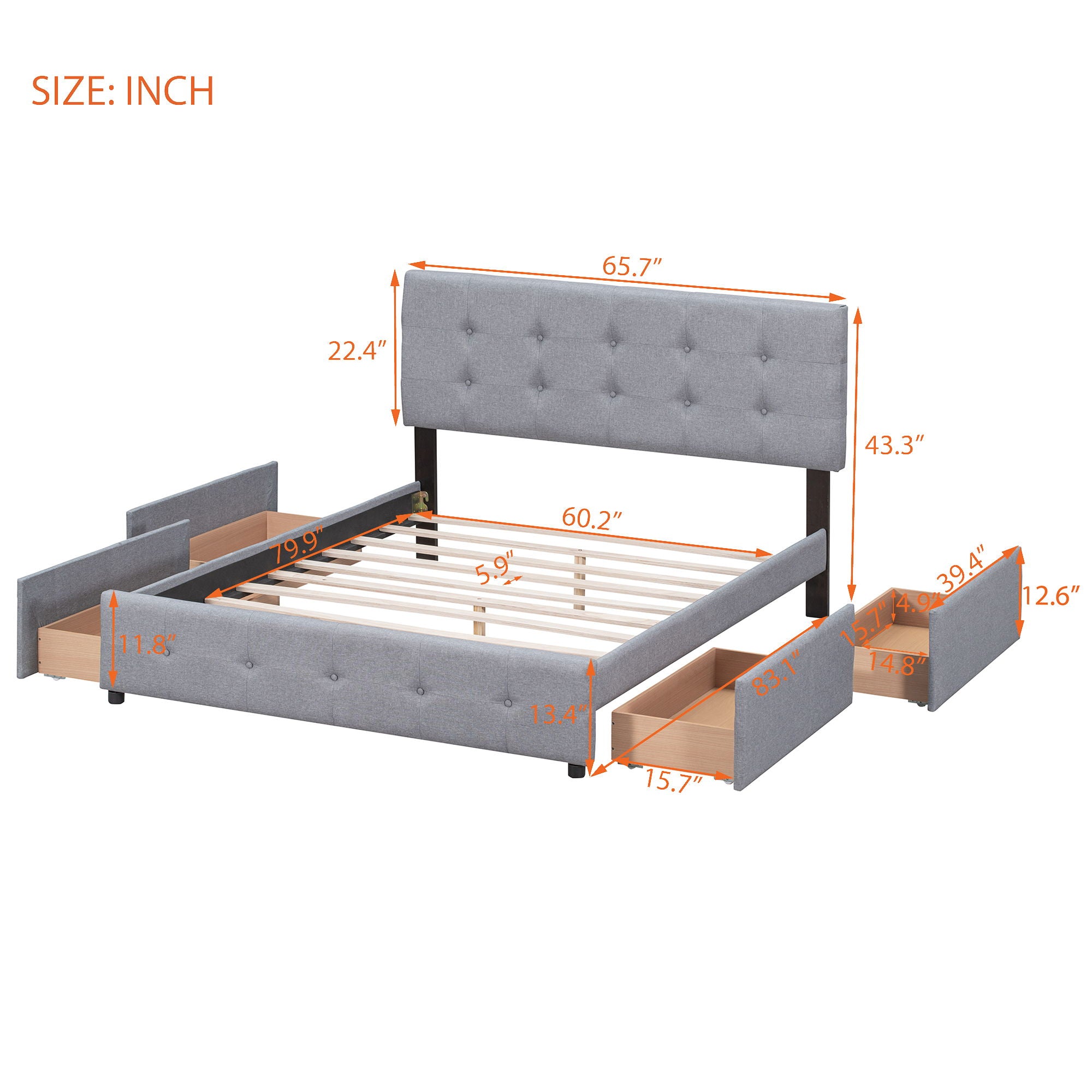 Upholstered Platform Bed With Classic Headboard And 4 Drawers, No Box Spring Needed