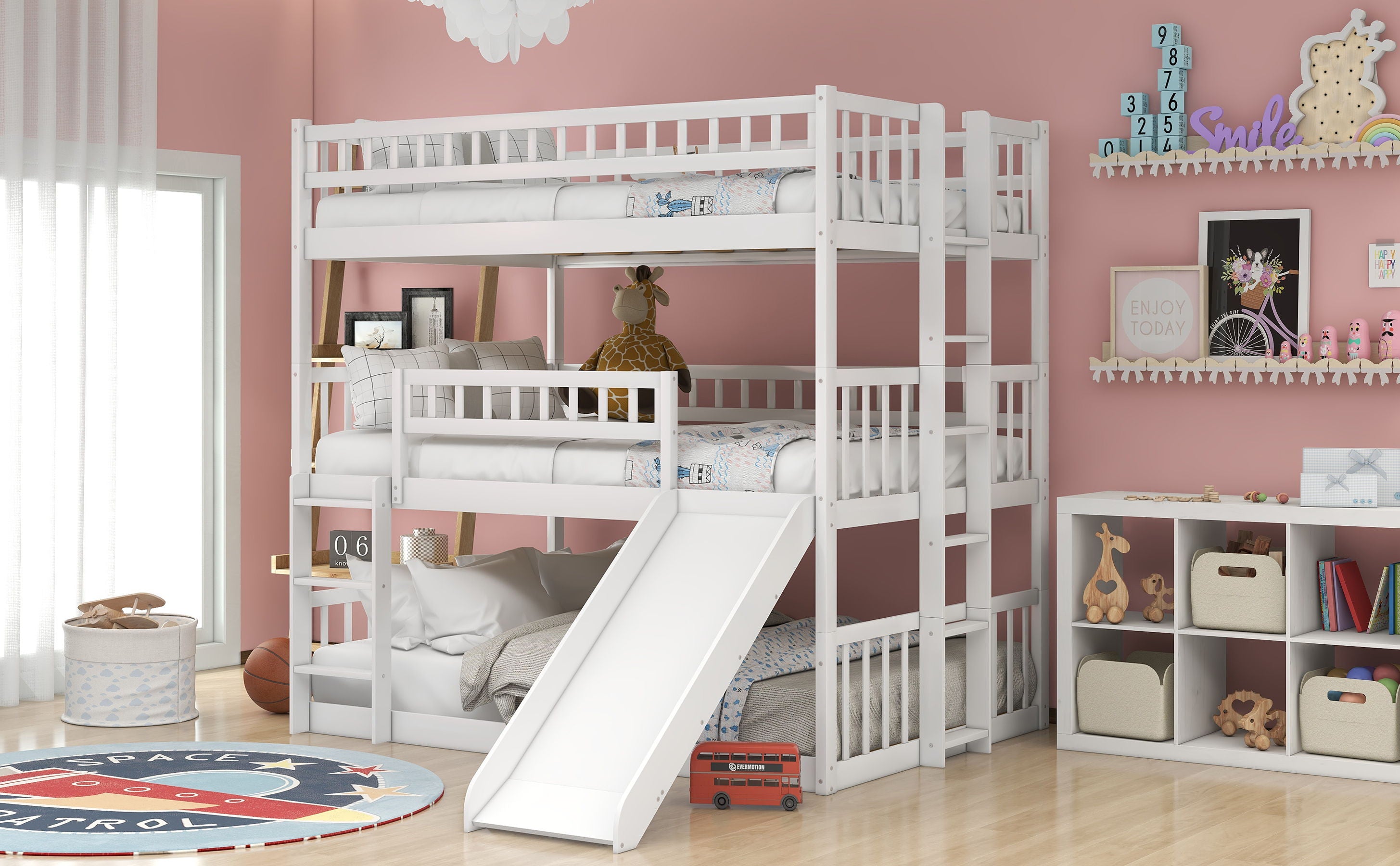 Full Over Full Over Full Triple Bed With Built-In Ladder And Slide, Triple Bunk Bed With Guardrails - White