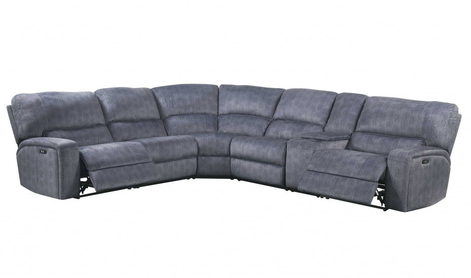 Velvet Power Reclining L Shaped Six Piece Corner Sectional With Console - Slate Blue