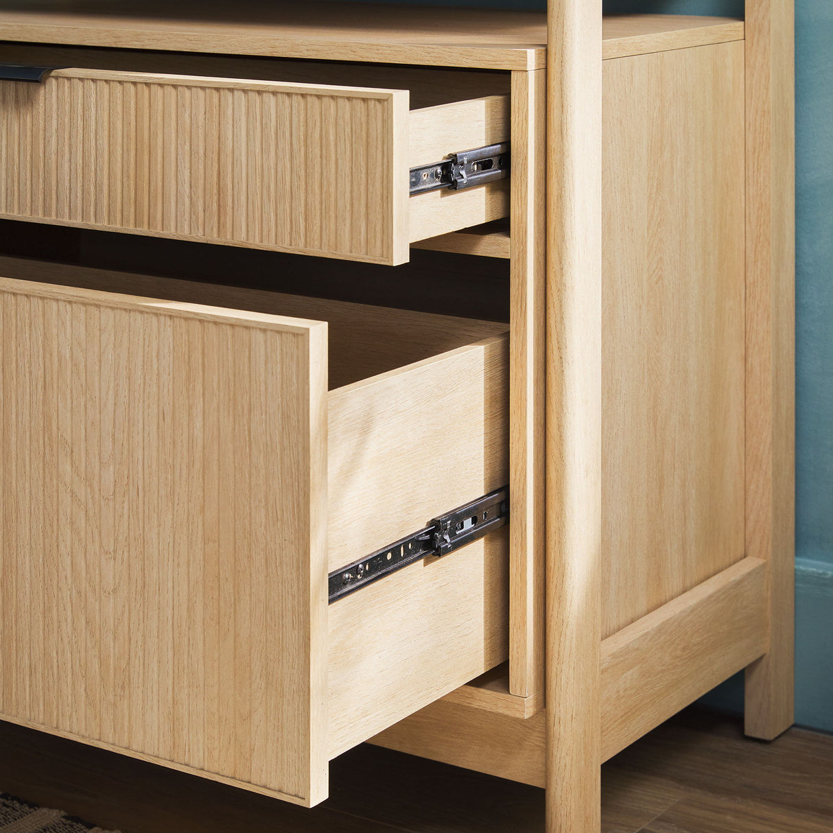 Transitional Wide Reeded Bookshelf With Drawers On Bottom
