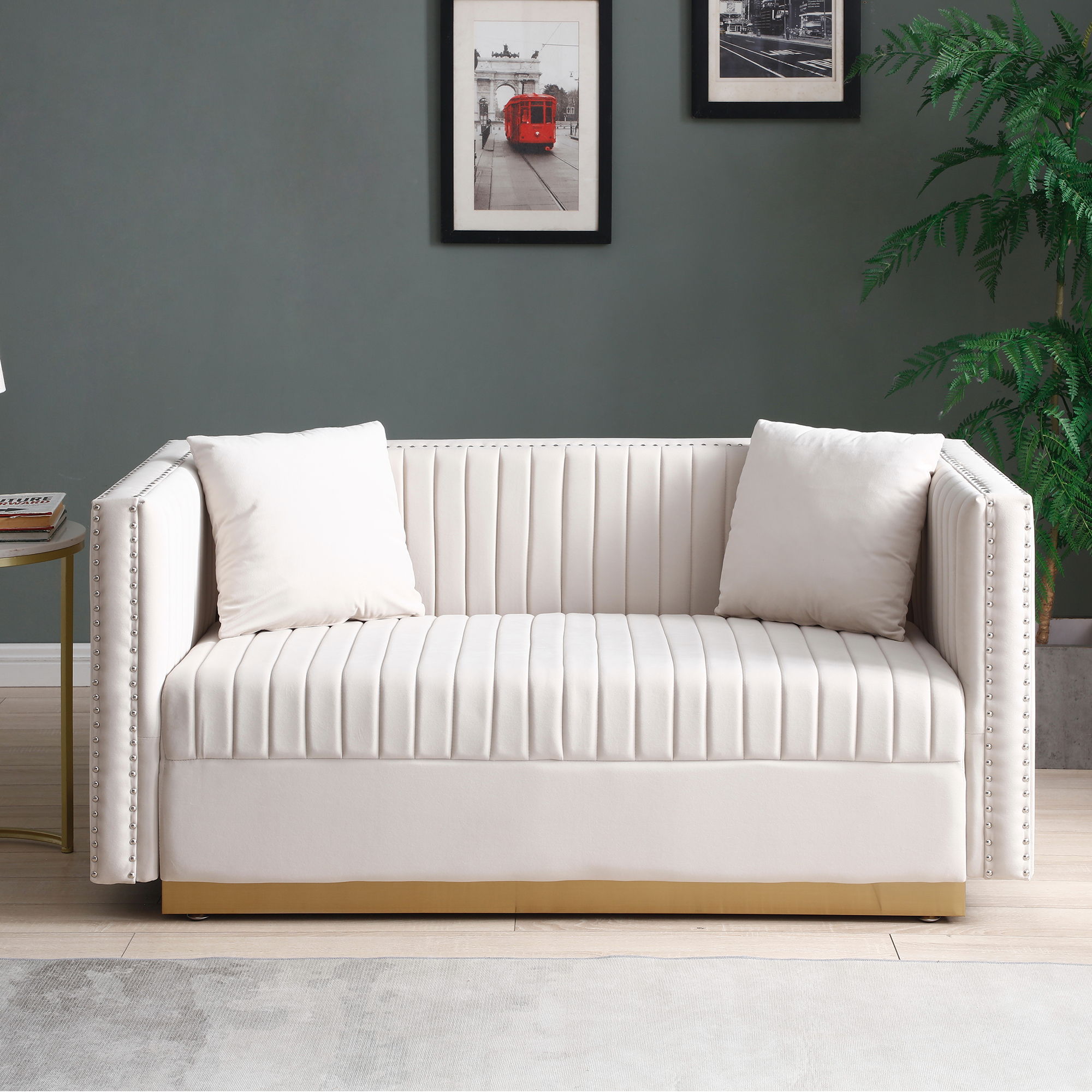 Contemporary Vertical Channel Tufted Sofa Loveseat Modern Upholstered Couch For Living Room With 2 Pillows